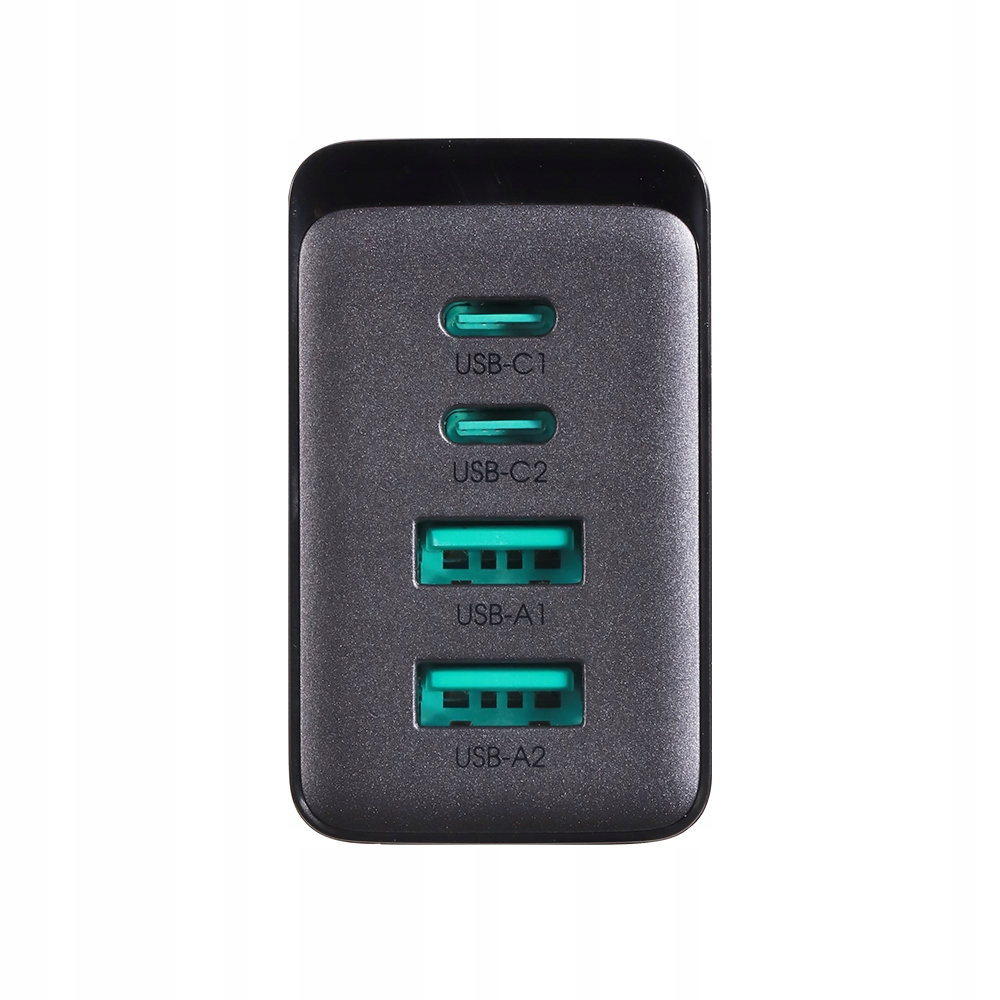 Ein schwarzes Multi-Port-USB-Ladegerät mit zwei USB-C-Anschlüssen und zwei USB-A-Anschlüssen. Die Anschlüsse sind grün.
