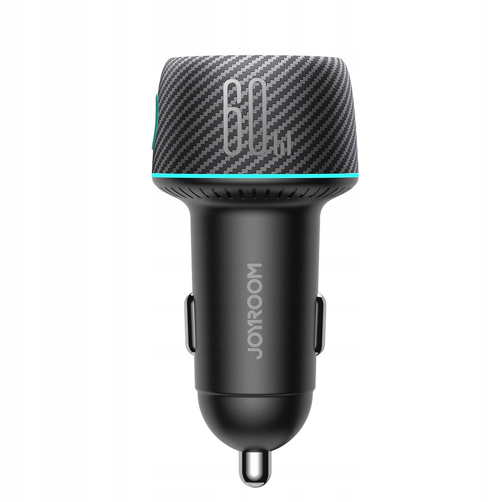 Czarna ładowarka samochodowa Joyroom z górną częścią z włókna węglowego i turkusowymi detalami.