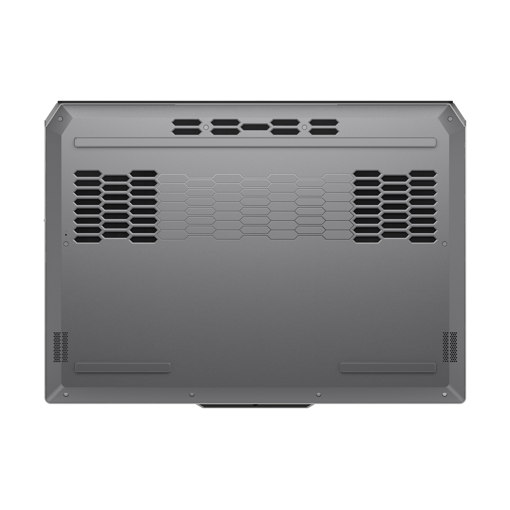 Die Unterseite eines grauen Laptops verfügt über ein Wabenmuster zur Belüftung sowie Gummifüße für den Halt.