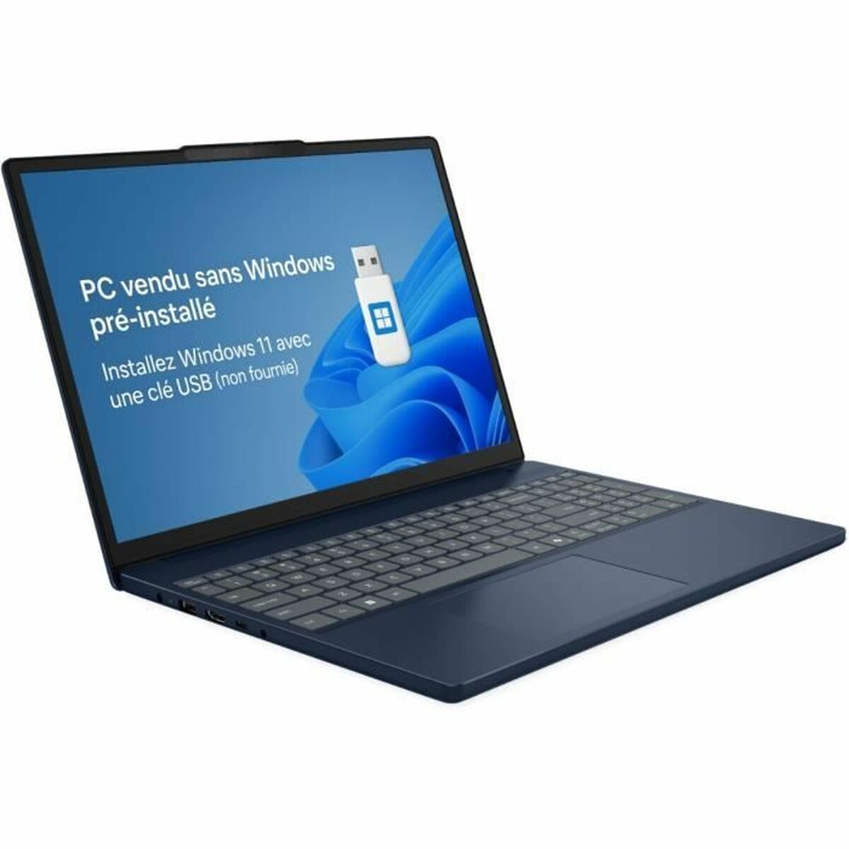Granatowy laptop wyświetla komunikat o instalacji systemu Windows 11 z dysku USB, na niebieskim tle.