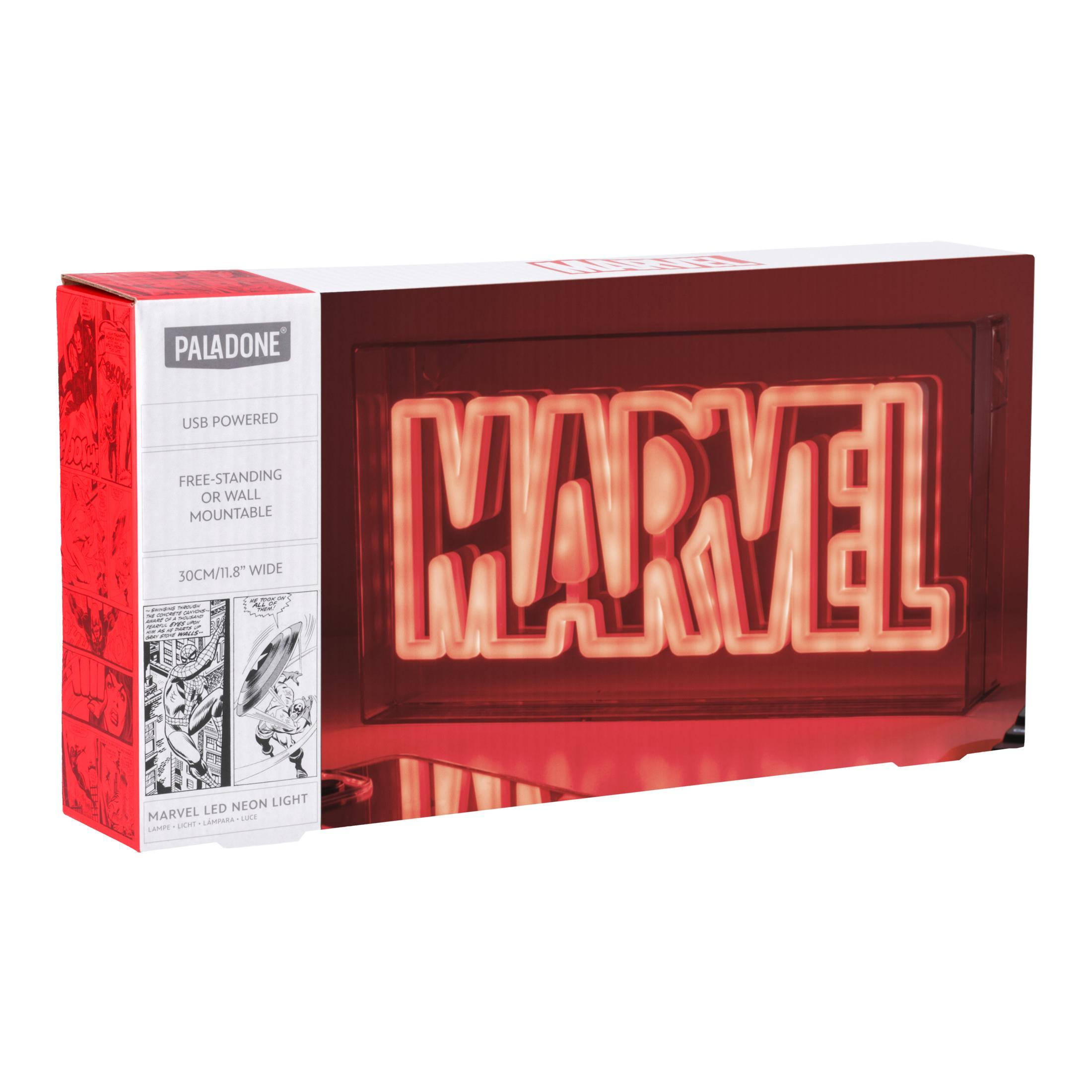 Eine Marvel LED-Neonleuchte in ihrer Verpackung, mit dem Marvel-Logo in leuchtendem Rot vor rotem Hintergrund.