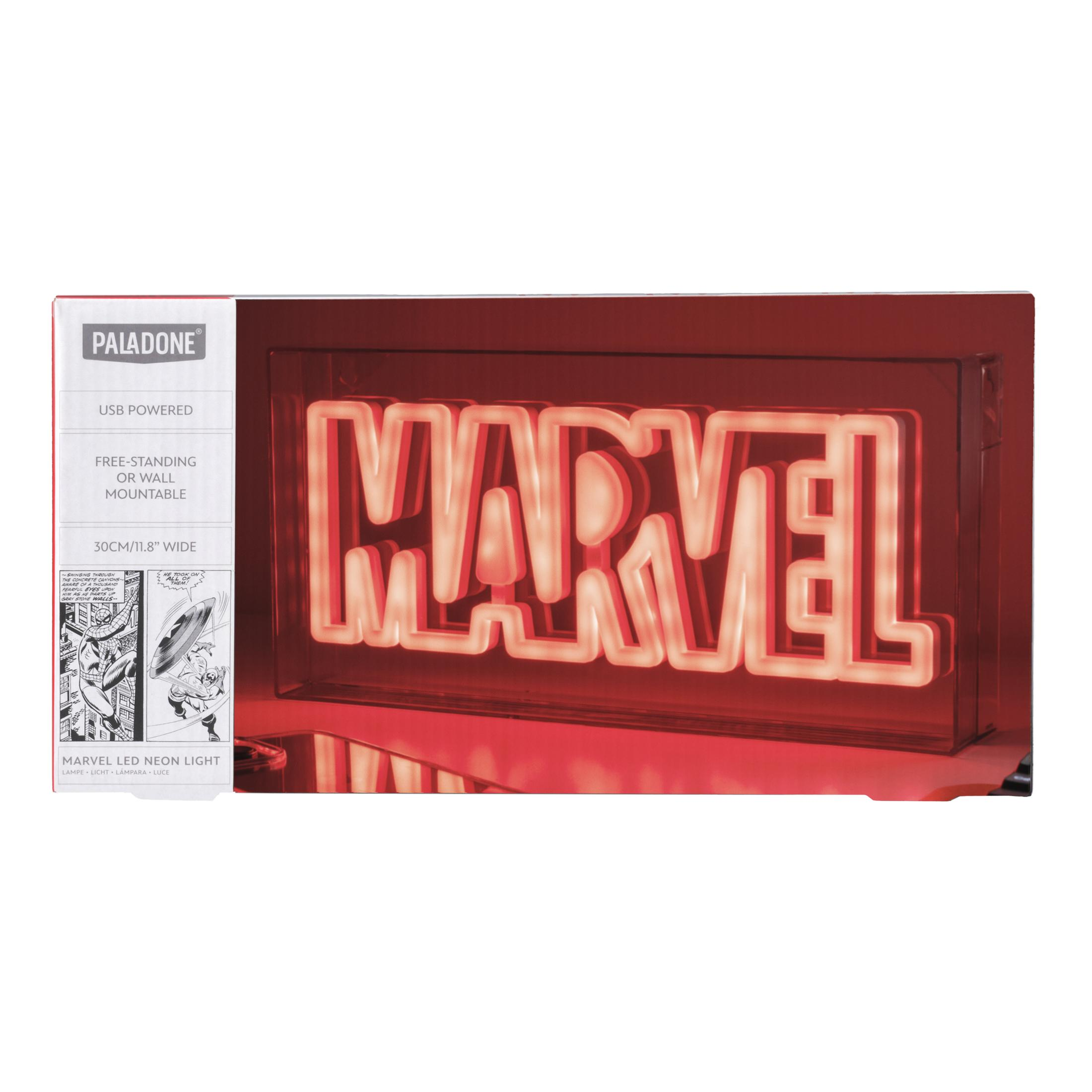 Marvel-Logo-Neonlicht in Verpackung. Das Logo ist rot und die Verpackung enthält Details in weißer Schrift.