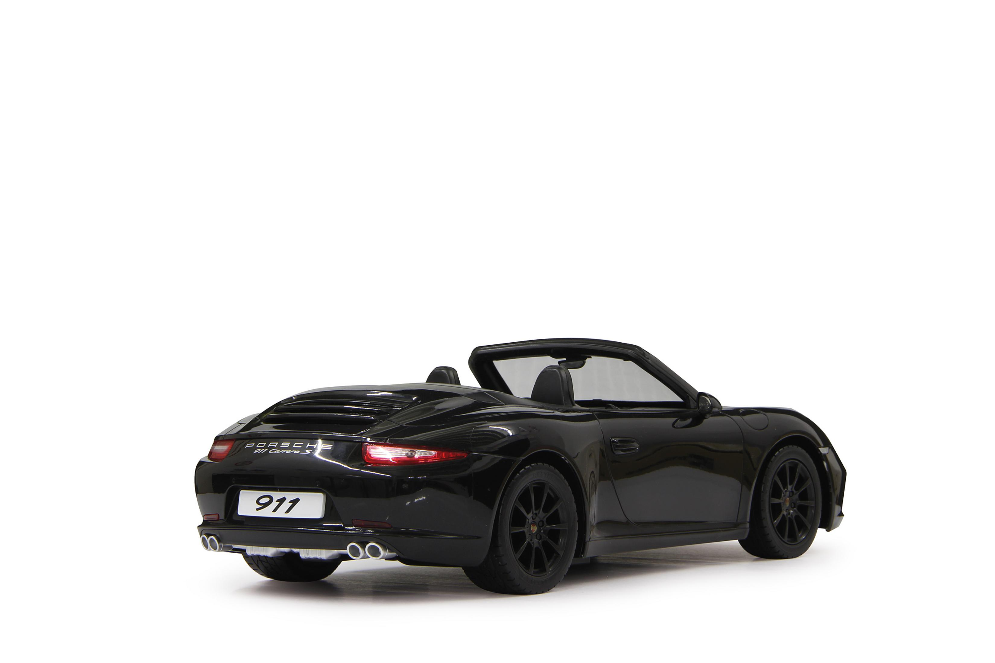 Ein schwarzes Porsche 911 Carrera S Cabriolet steht auf weißem Hintergrund.