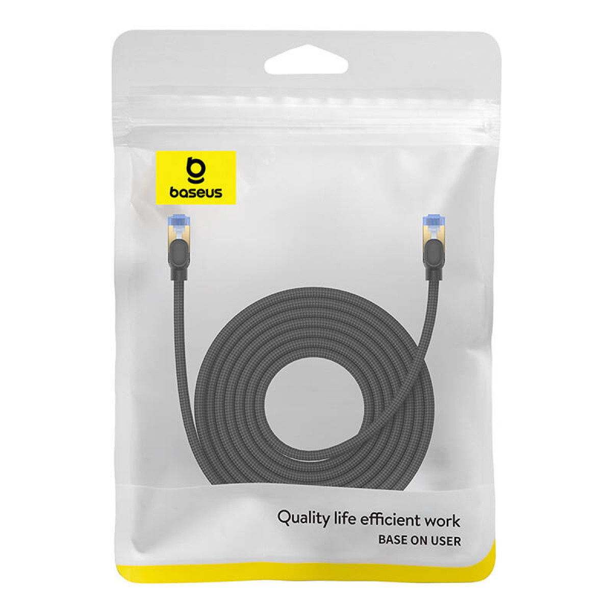 Kabel Ethernet Baseus w przezroczystym opakowaniu z produktem zwiniętym w środku.