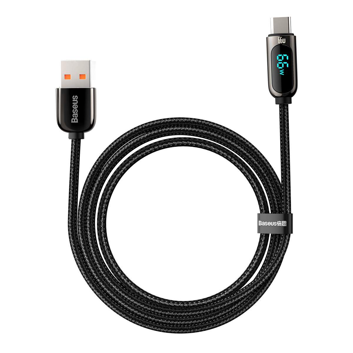 Czarny kabel USB-A do USB-C z wyświetlaczem cyfrowym pokazującym 66W, zwinięty na białym tle.