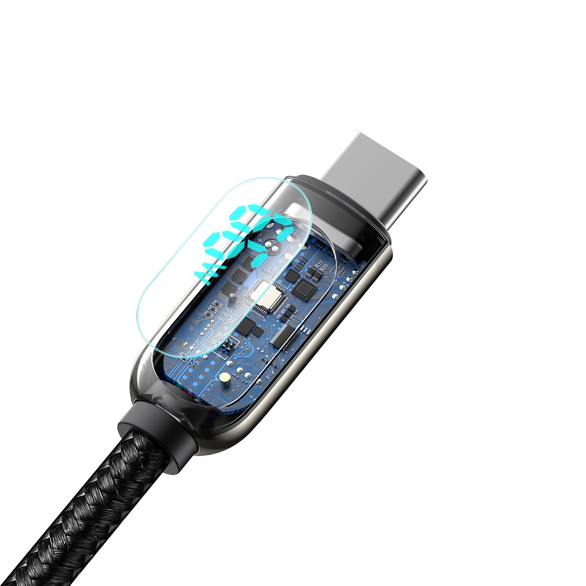 Zbliżenie na złącze USB-C pokazujące wewnętrzne obwody, z cyfrowym wyświetlaczem 34W.
