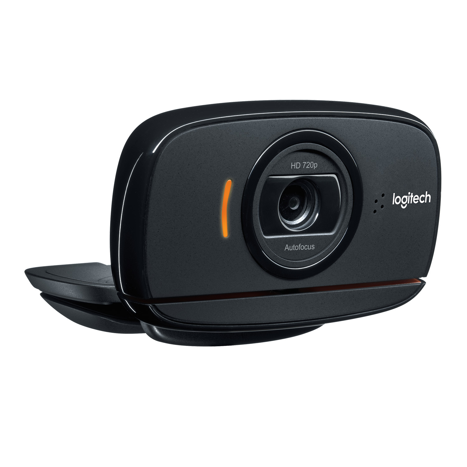 Una webcam Logitech nera con autofocus è mostrata su uno sfondo bianco, evidenziandone il design.