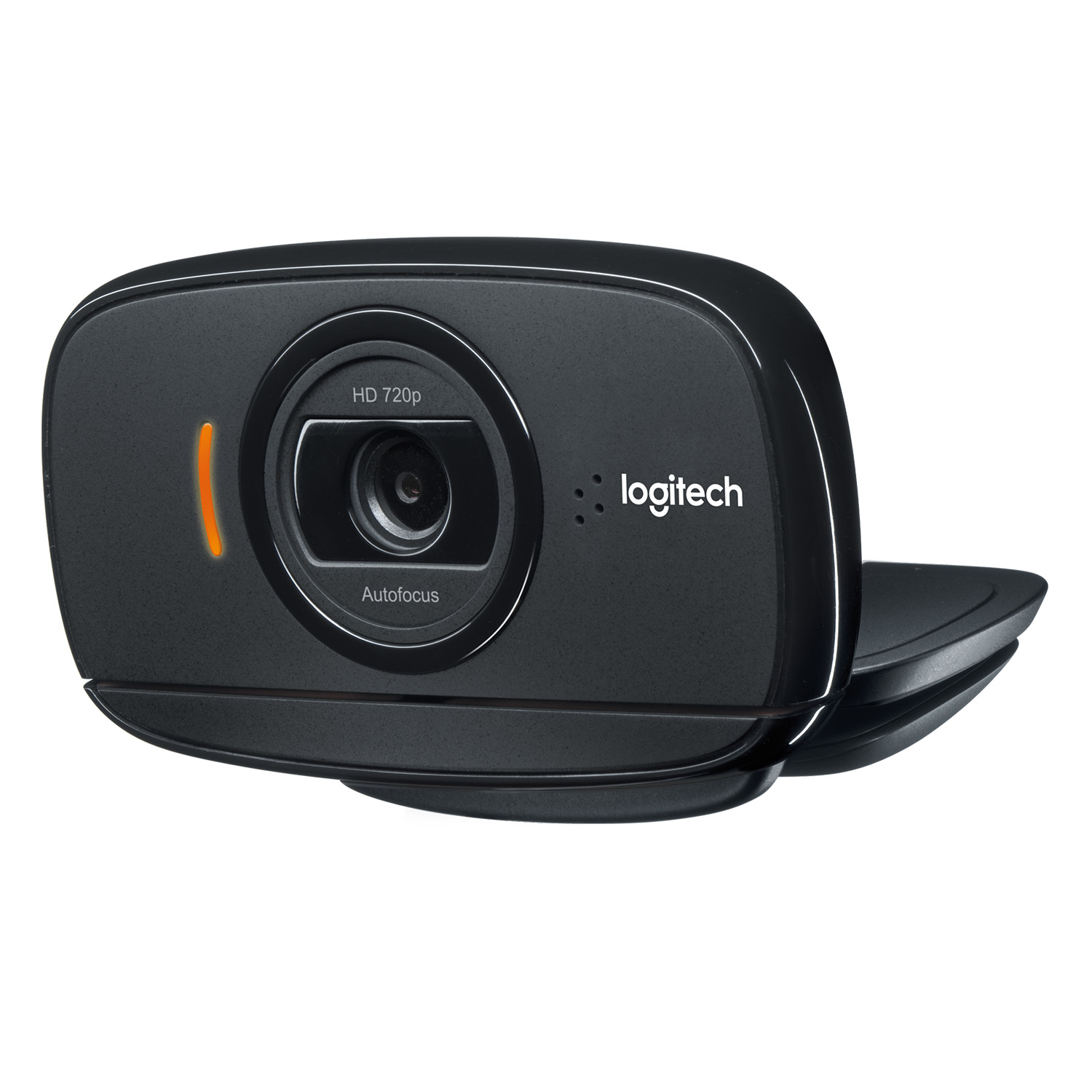 Una webcam Logitech nera con autofocus è mostrata su uno sfondo bianco, enfatizzando il suo design elegante.