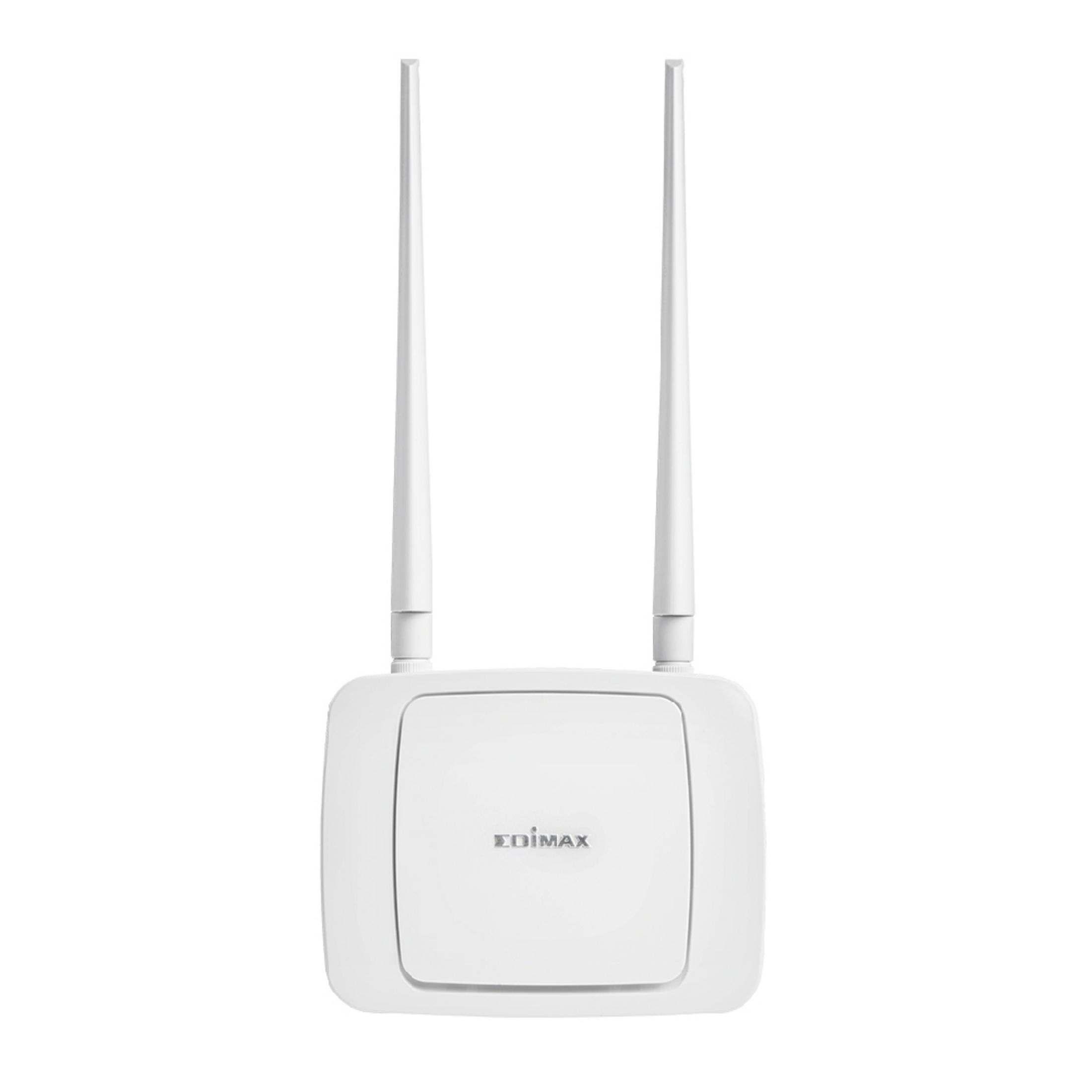 Ein weißer Edimax-Router mit zwei Antennen ist auf einem weißen Hintergrund zentriert und unterstreicht sein klares Design.