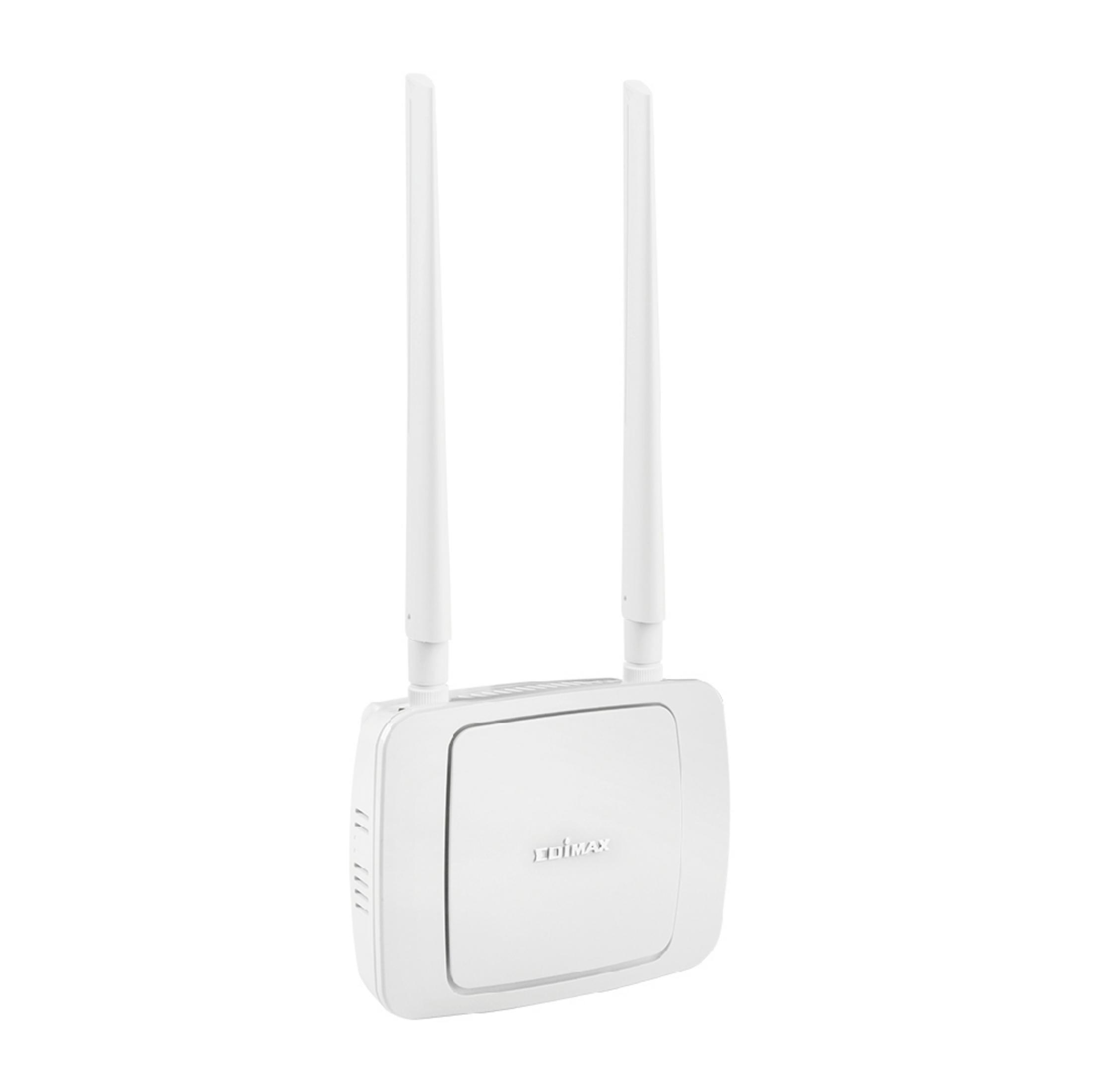Ein weißer Edimax-Router mit zwei Antennen steht vor einem weißen Hintergrund.