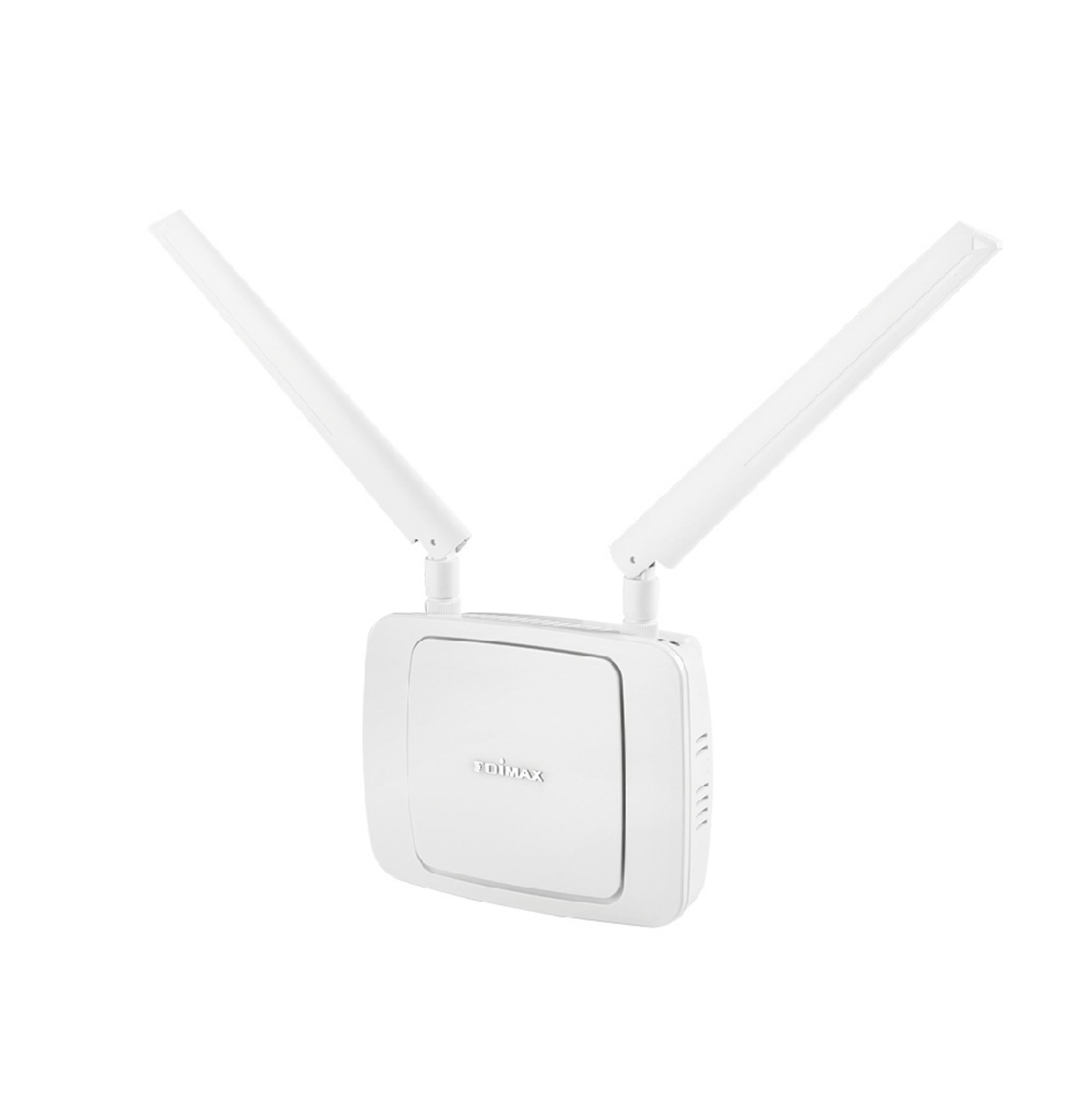 Ein weißer Edimax-Router mit zwei nach außen gerichteten Antennen vor einem weißen Hintergrund.