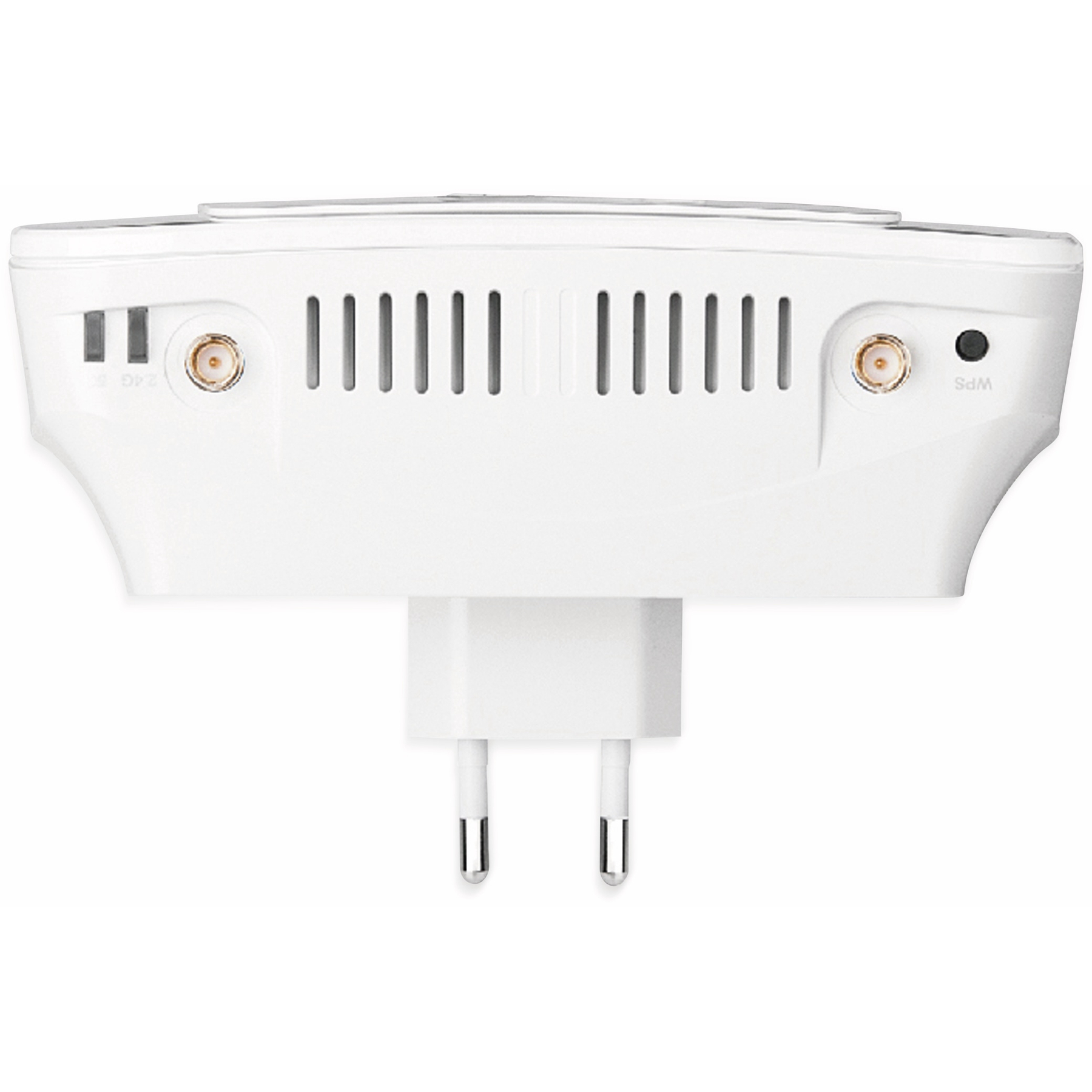 Die Rückseite eines weißen Plug-in-WLAN-Verstärkers mit zwei Zinken für eine Steckdose.