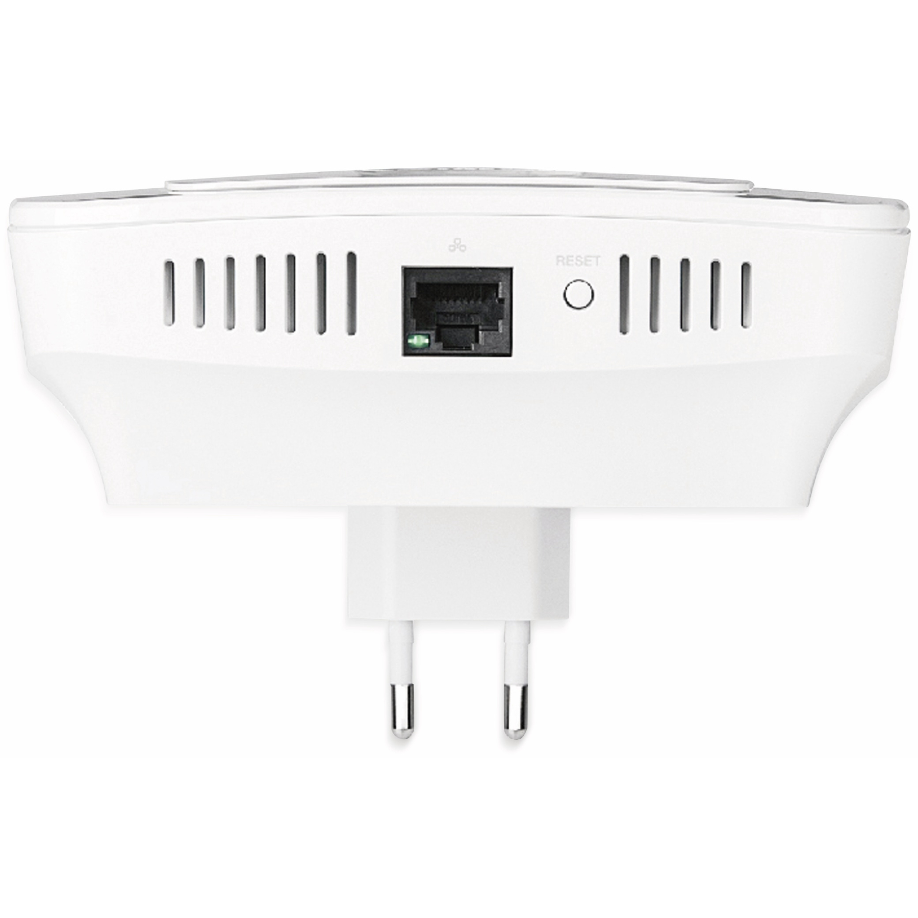 Die Rückseite eines weißen Plug-in-WLAN-Verstärkers mit einem Ethernet-Anschluss.