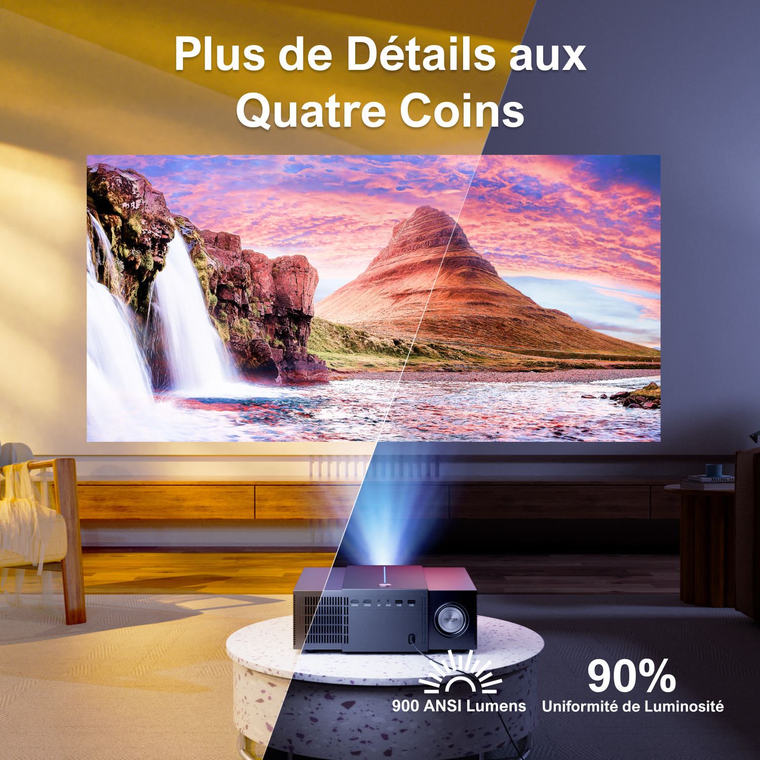 A projector displays a mountain landscape at sunset on a wall in a modern room. Text reads: Plus de Details aux Quatre Coins.
