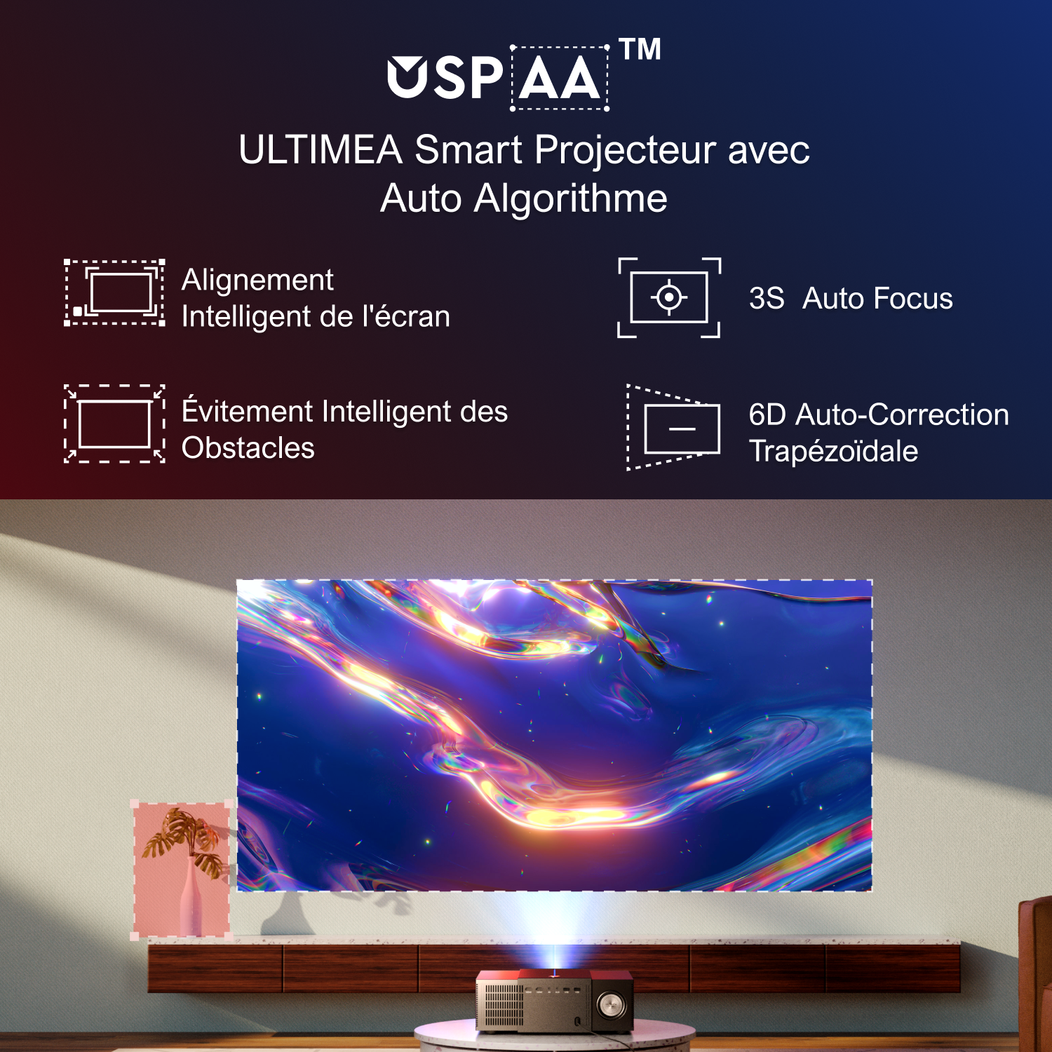 A projector casts an image of colorful, abstract shapes onto a wall in a modern living room. Text reads: ULTIMEA Smart Projecteur.