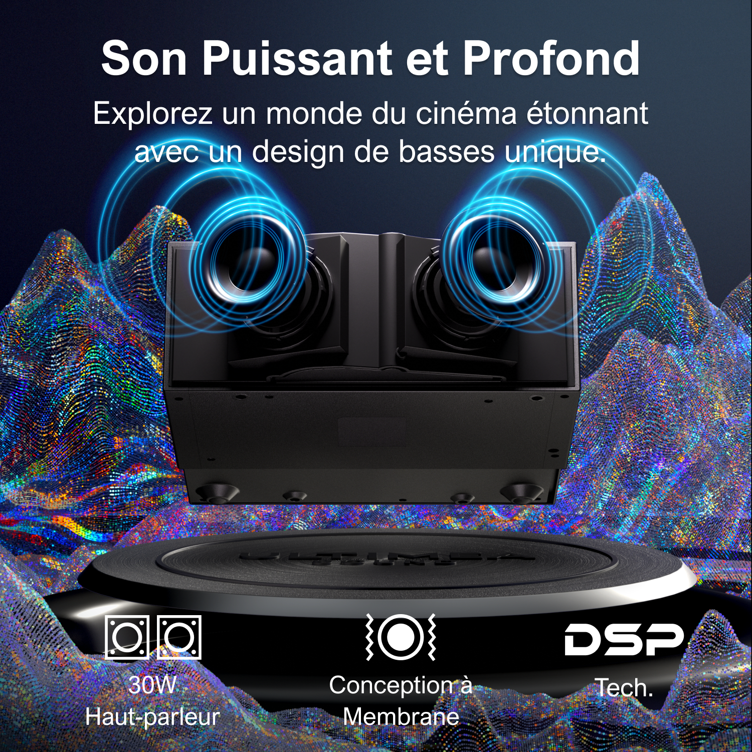 A speaker with two large drivers is shown hovering over a base. Text reads: Son Puissant et Profond. Explorez un monde du cinéma.