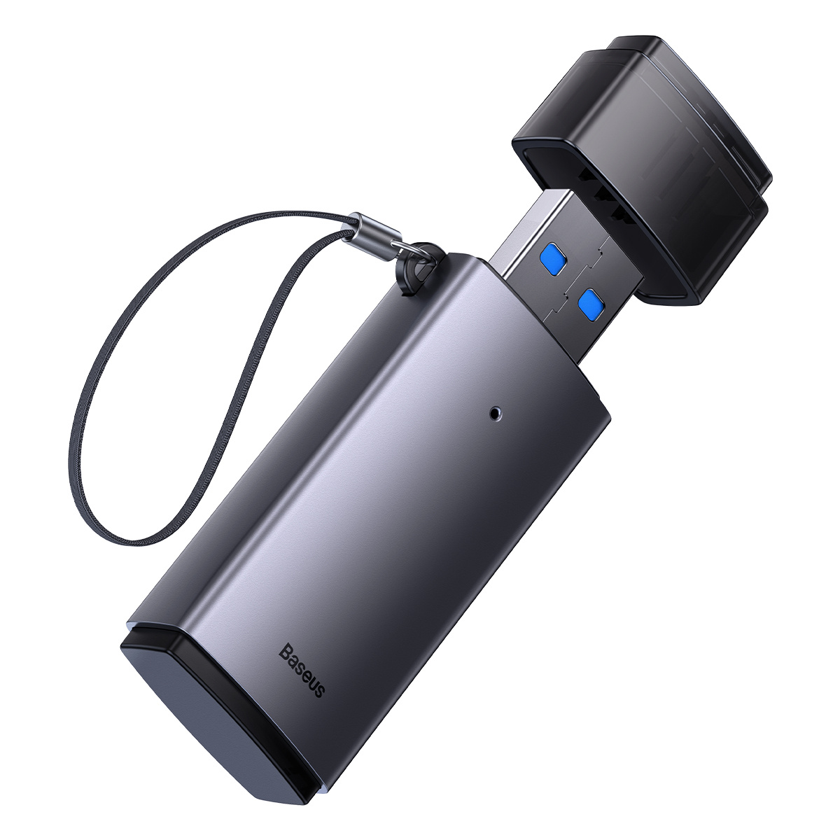 Chiavetta USB grigia con cappuccio nero e laccetto.