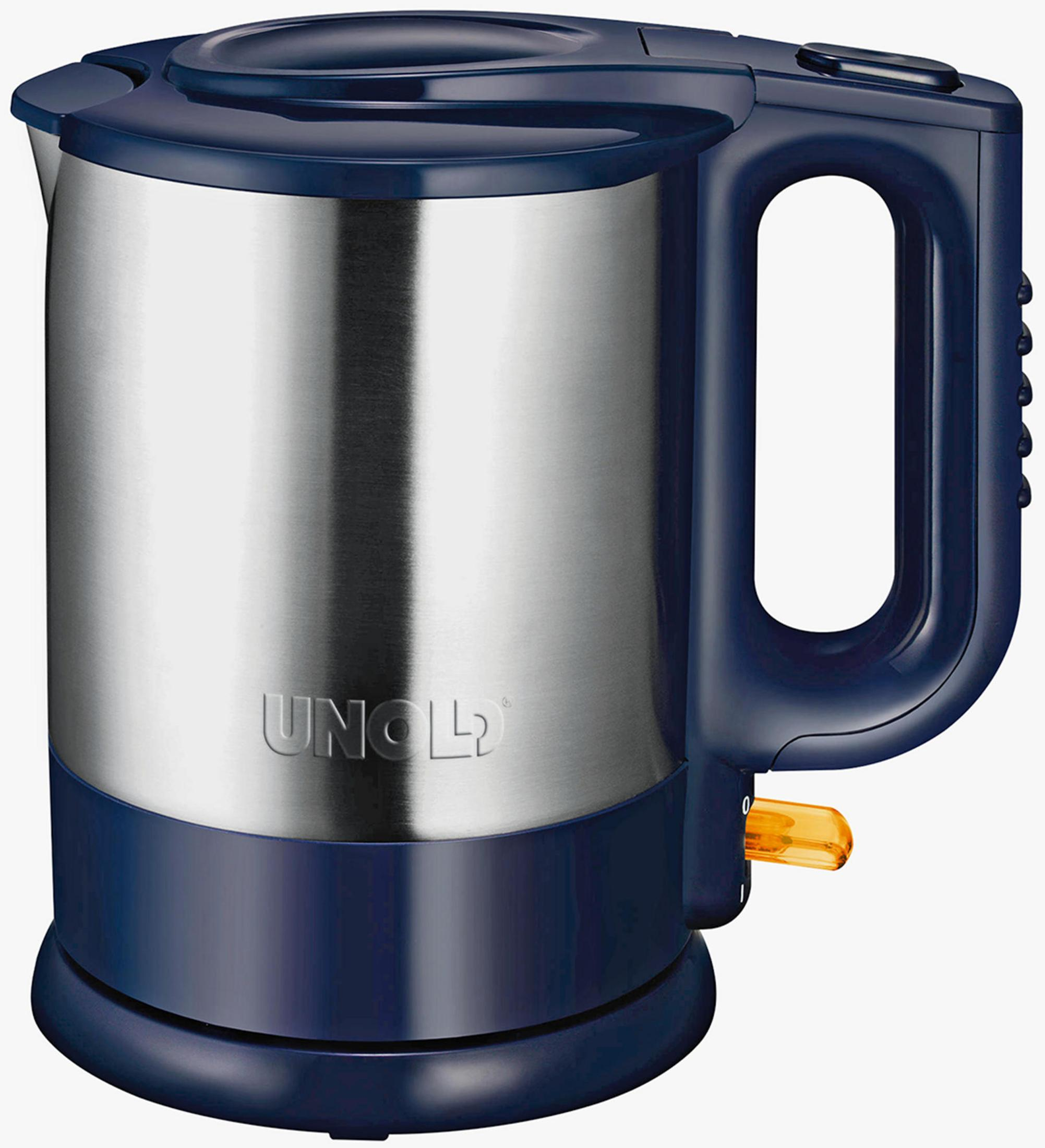 Blauer und silberner UNOLD-Wasserkocher mit Kunststoffgriff, mit einem schlanken, modernen Design zum Kochen von Wasser.