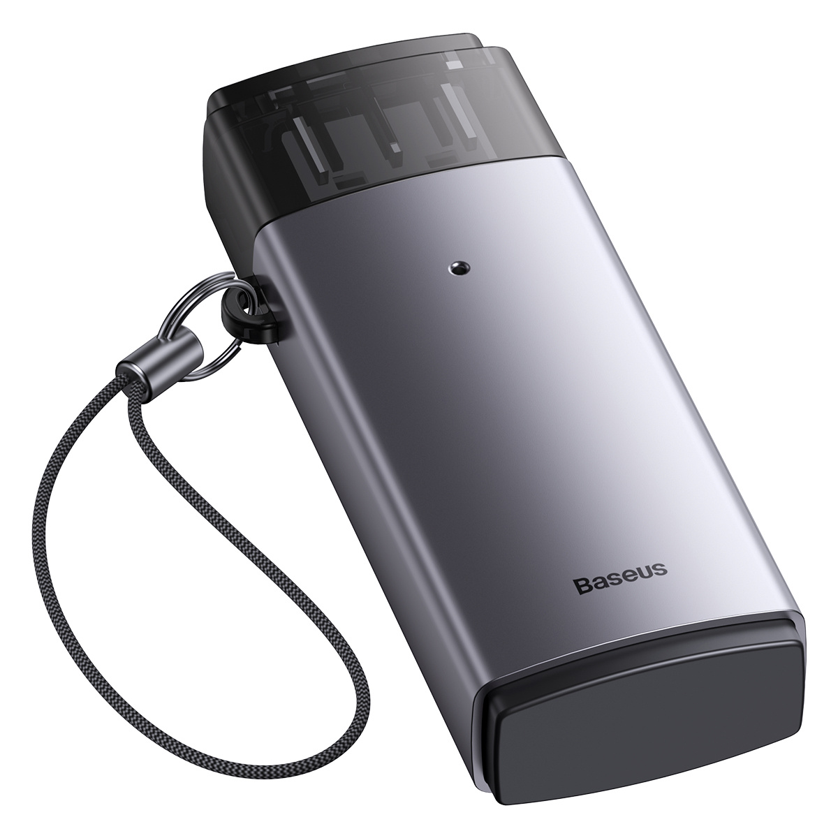 Vaporizzatore Baseus grigio con bocchino nero e cordino.