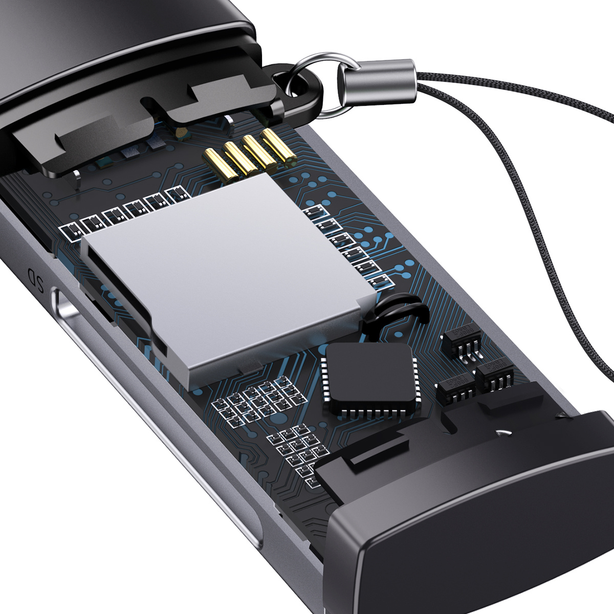 Primo piano di una scheda di memoria aperta con tracce di circuito e chip.