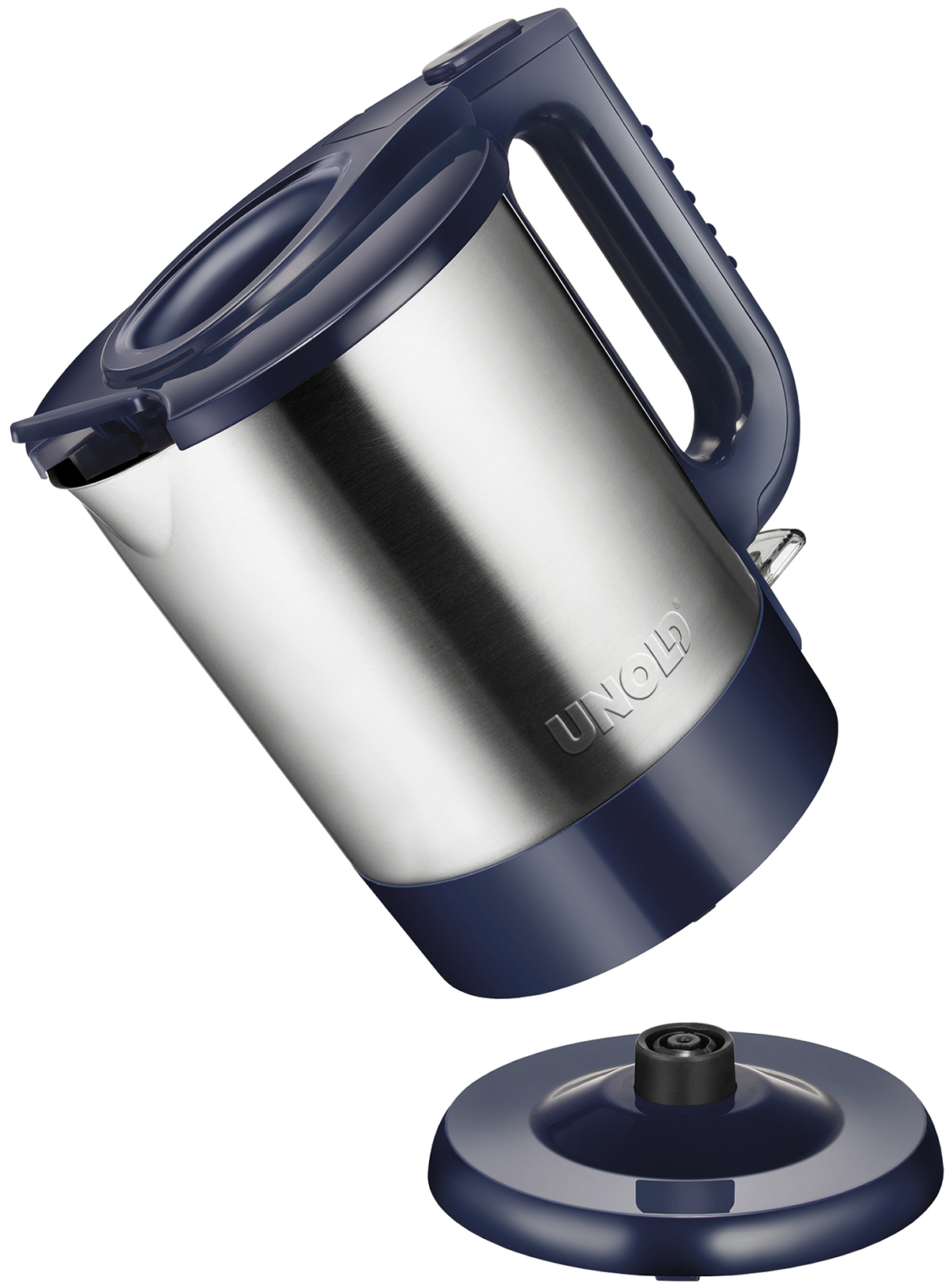 UNOLD-Wasserkocher mit blauem Sockel und Griff, geneigt, um seinen Edelstahlkörper und sein Design zu zeigen.
