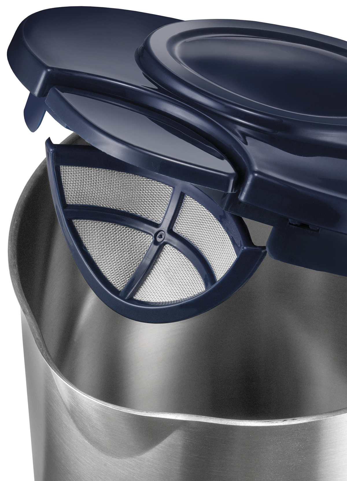 Nahaufnahme eines blauen UNOLD-Wasserkocherdeckels mit einem Maschenfilter, der seine Komponenten und sein Design zeigt.