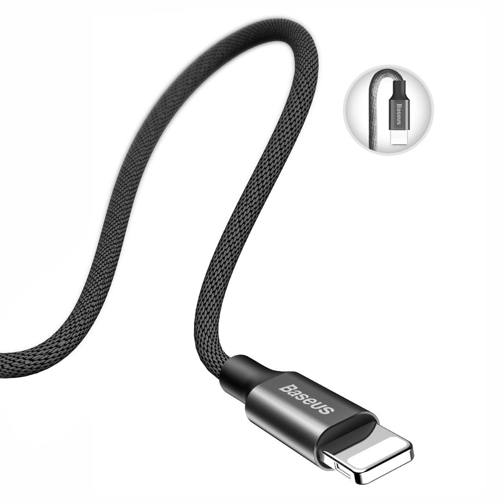Zdjęcie przedstawia czarny kabel Baseus Lightning z logo Baseus na złączu.