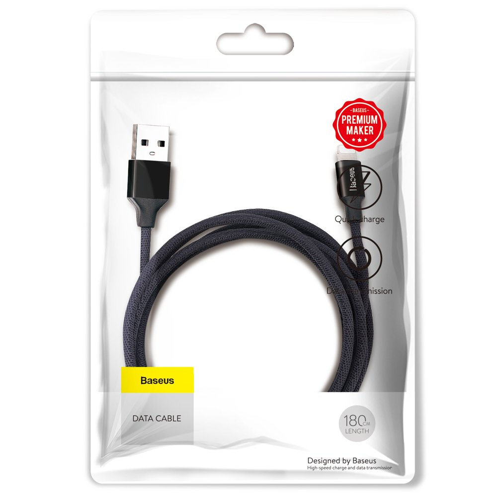 Zdjęcie przedstawia kabel do transmisji danych Baseus w opakowaniu, podkreślając jego długość 1,8 m.