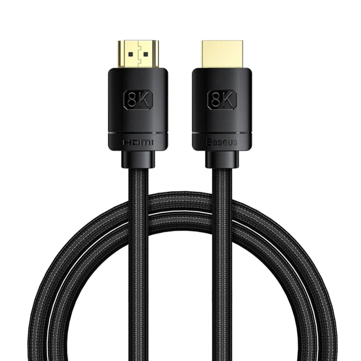 Zdjęcie przedstawia czarny kabel HDMI 8K Baseus ze złotymi złączami na białym tle.