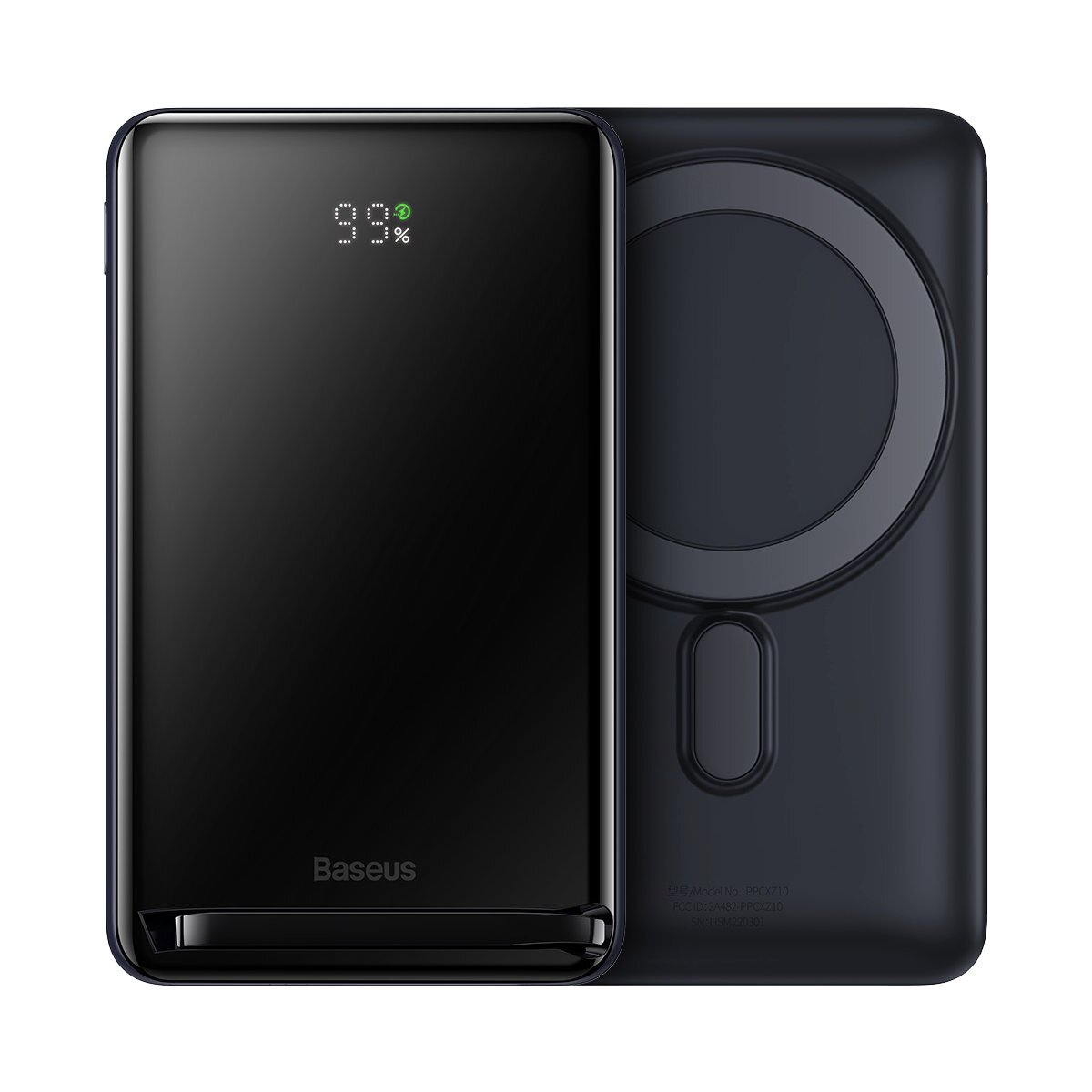 Zwei schwarze Powerbanks, eine mit 99 % Ladung, mit dem Baseus-Logo.