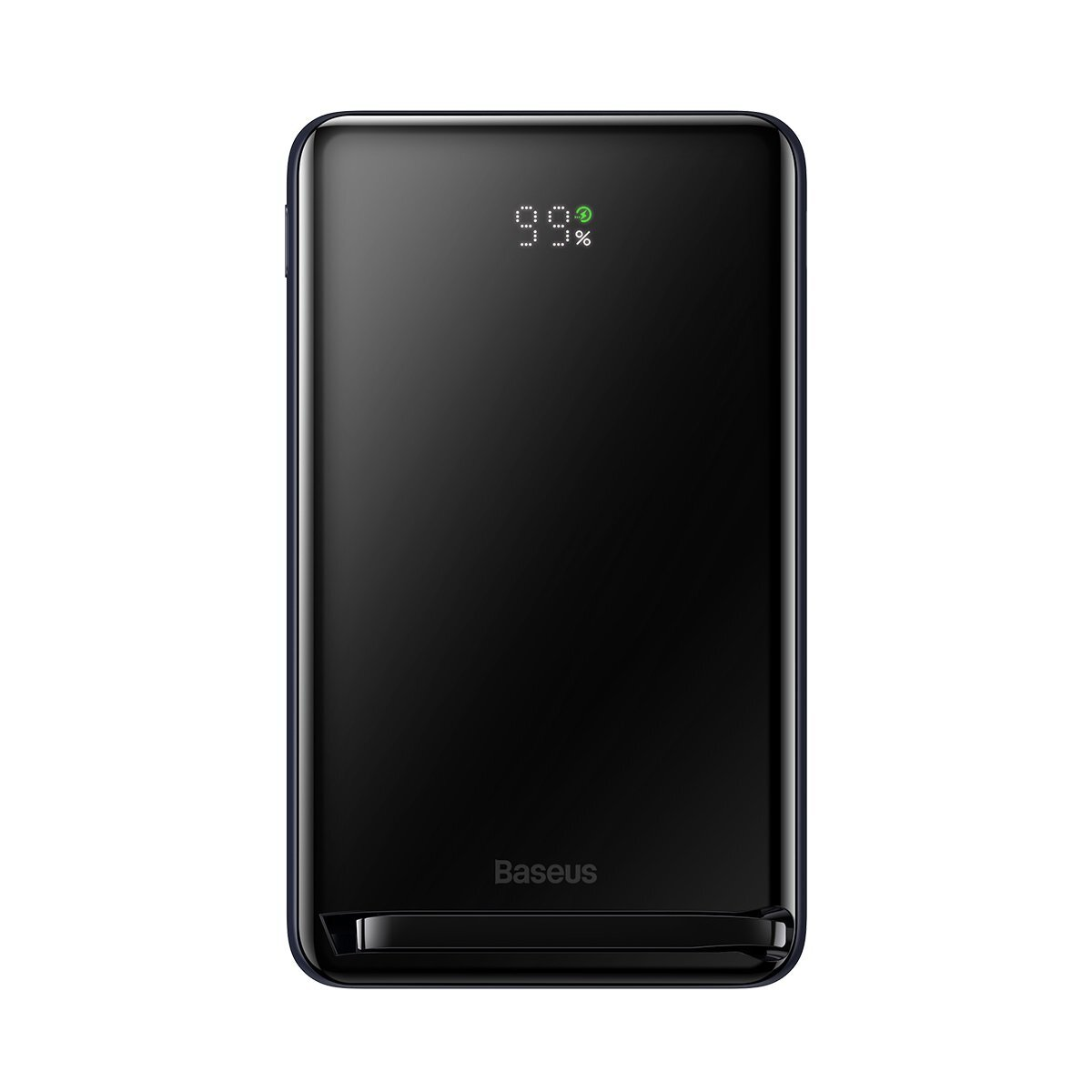 Schwarze Baseus Powerbank, die auf ihrem LED-Display eine Ladung von 99 % anzeigt.