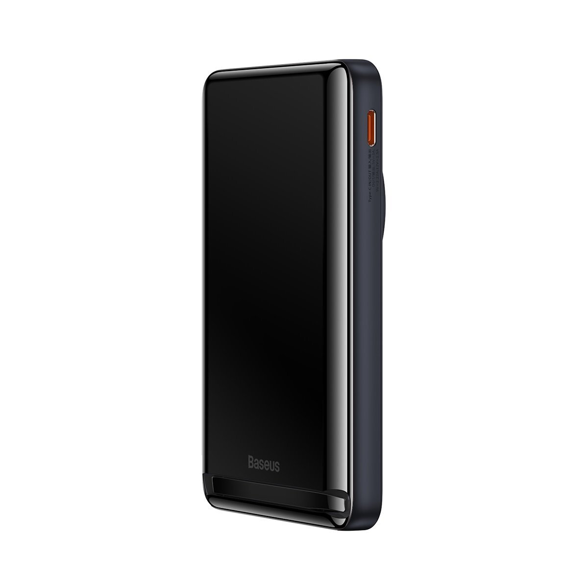 Schräge Ansicht einer schwarzen Baseus Powerbank mit glänzender Oberfläche.