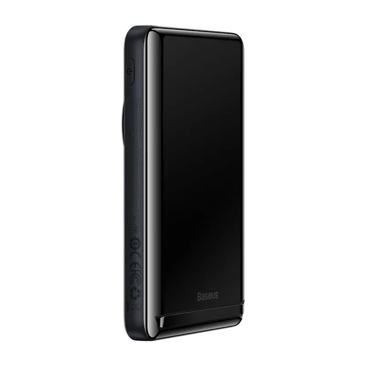 Seitenansicht einer schwarzen Baseus Powerbank, die Branding und Ladeanschluss zeigt.