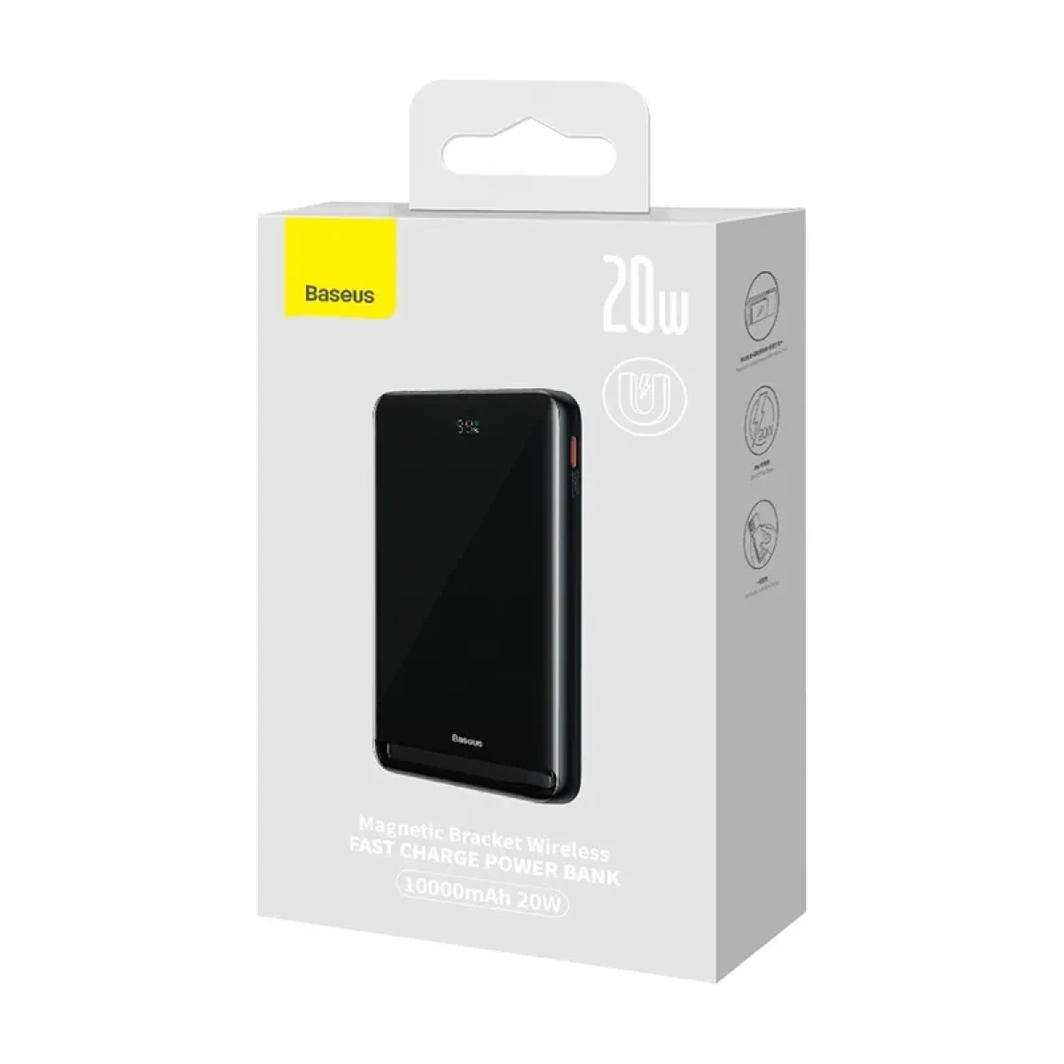Eine Baseus Powerbank-Box. Die schwarze Powerbank zeigt 99% an. Text: "Magnetic Bracket Wireless Fast Charge Power Bank 10000mAh 20W".