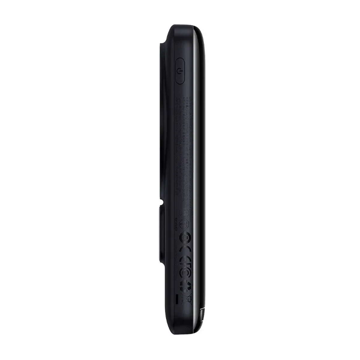 Nahaufnahme der Seite einer schwarzen Baseus Powerbank, die Anschlüsse und Anzeigen zeigt.