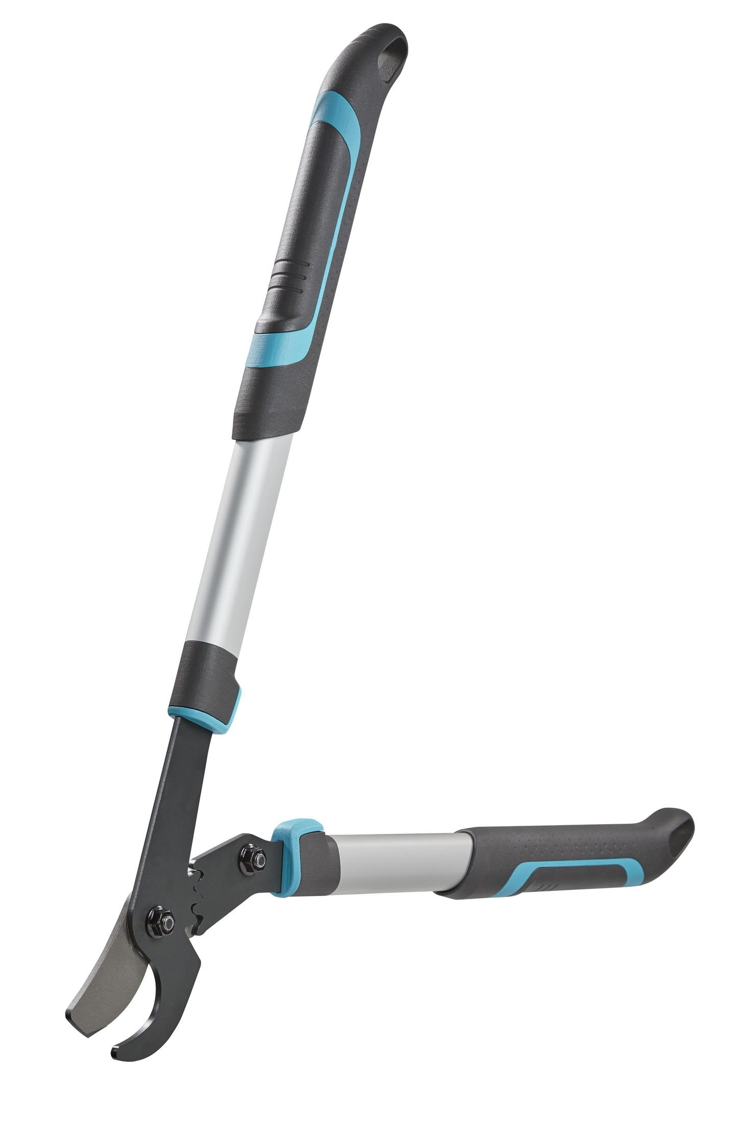 Un paio di cesoie grigie e nere con accenti color teal sono angolate su uno sfondo bianco.