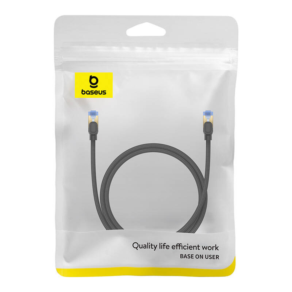 Zapakowany kabel Ethernet Baseus. Czarny kabel ze złotymi złączami w przezroczystym plastikowym opakowaniu. Tekst „Jakość życia”.