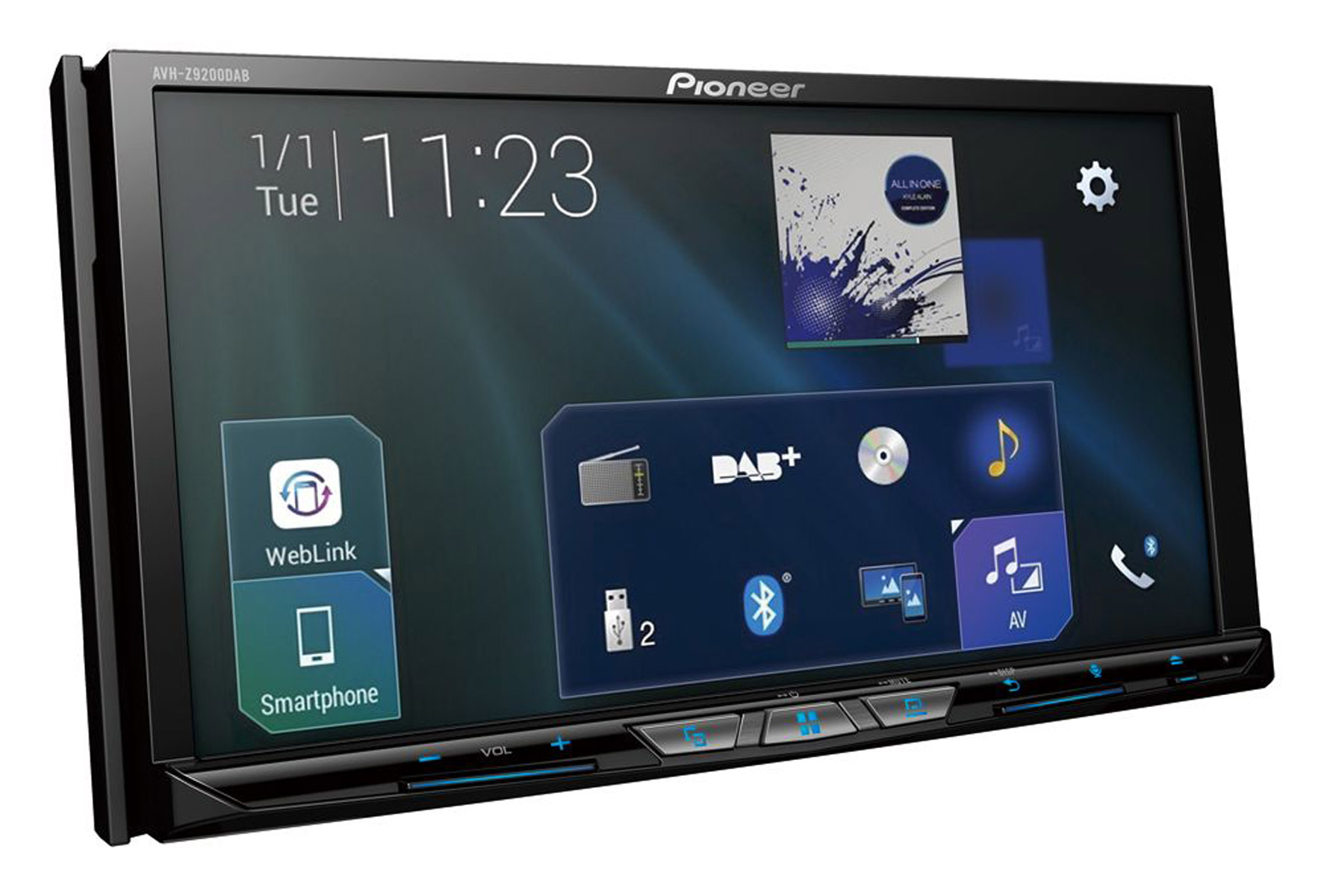 Auto-Infotainment-System mit schwarzem Rahmen, das ein Menü von Apps auf einem Touchscreen-Display zeigt. 'Pioneer'-Logo.