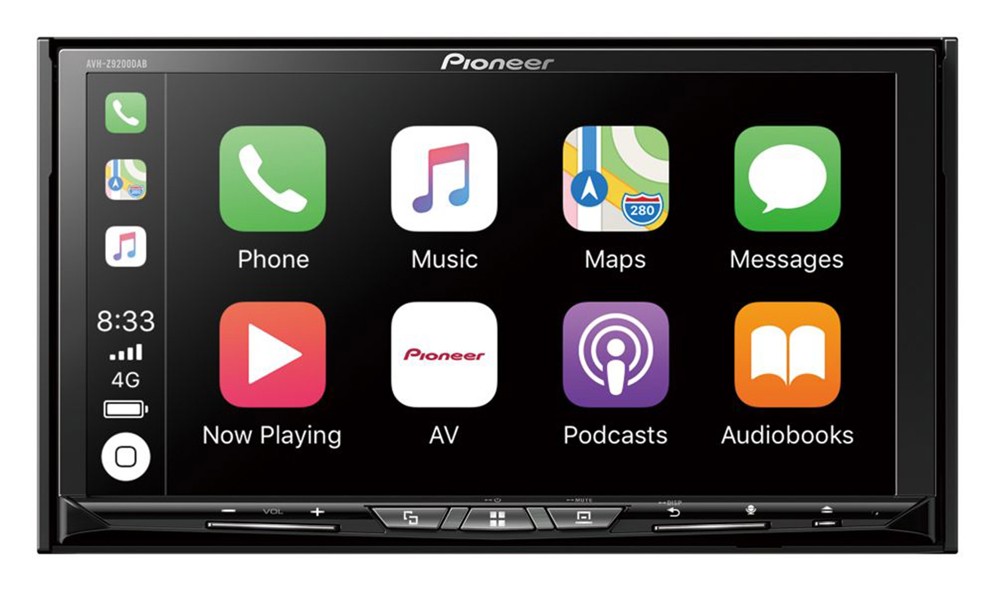 Auto-Infotainment-System mit schwarzem Rahmen, das ein Menü von Apps auf einem Touchscreen-Display zeigt. 'Pioneer'-Logo sichtbar.