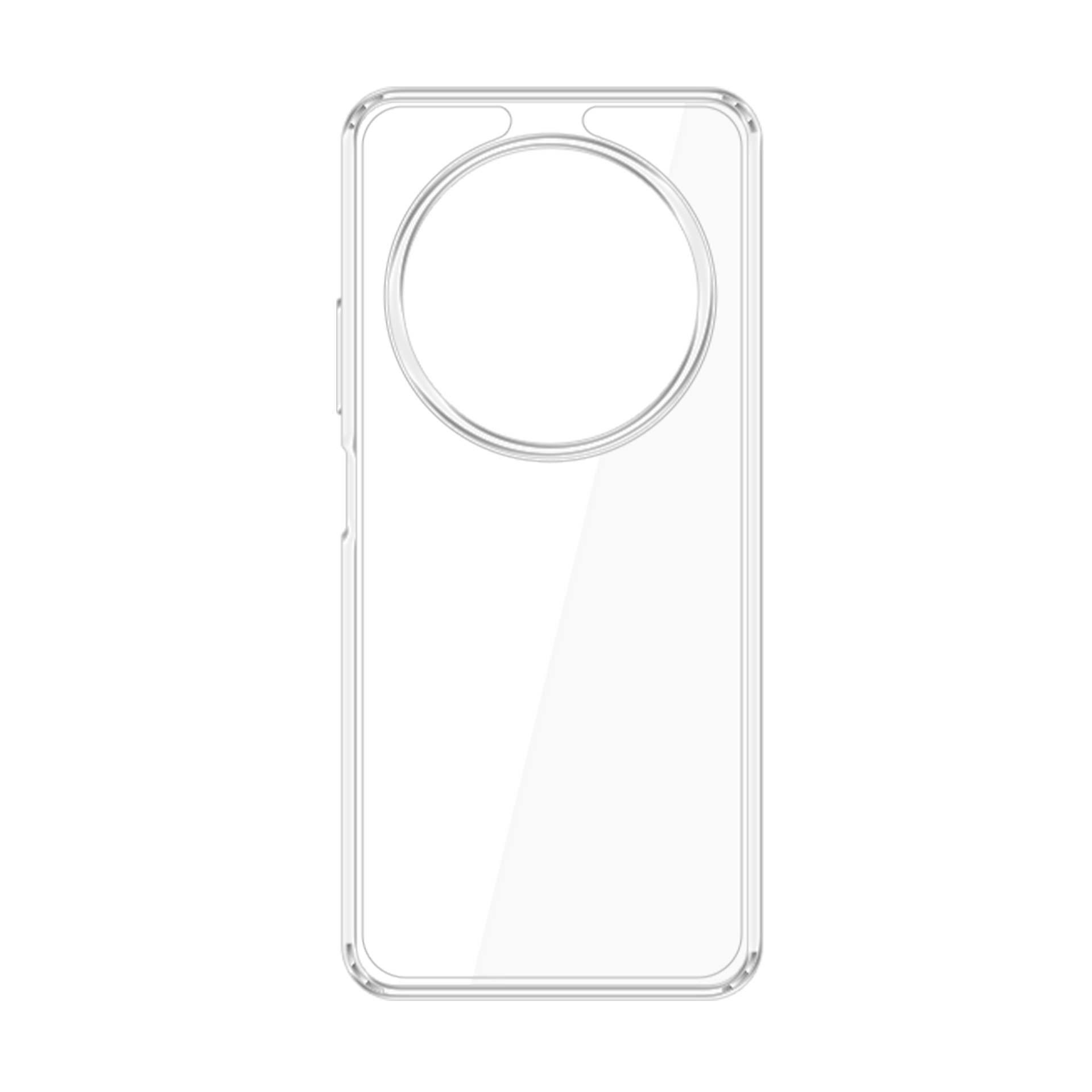 Przezroczyste etui na smartfona odizolowane na białym tle. Etui ma okrągły otwór na moduł aparatu.