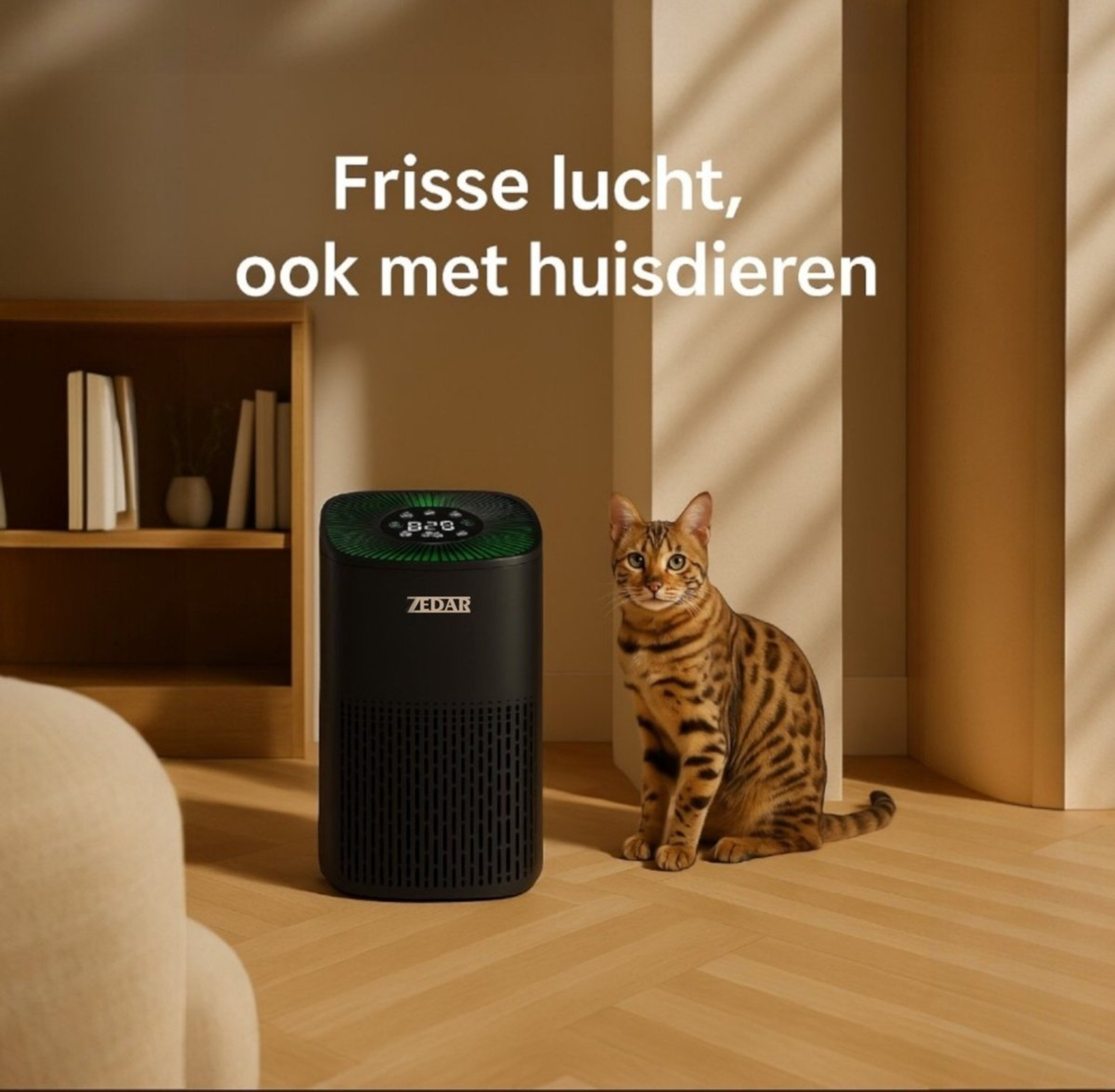 A Zedair air purifier is on a bedside table next to a sleeping woman in bed at night.
