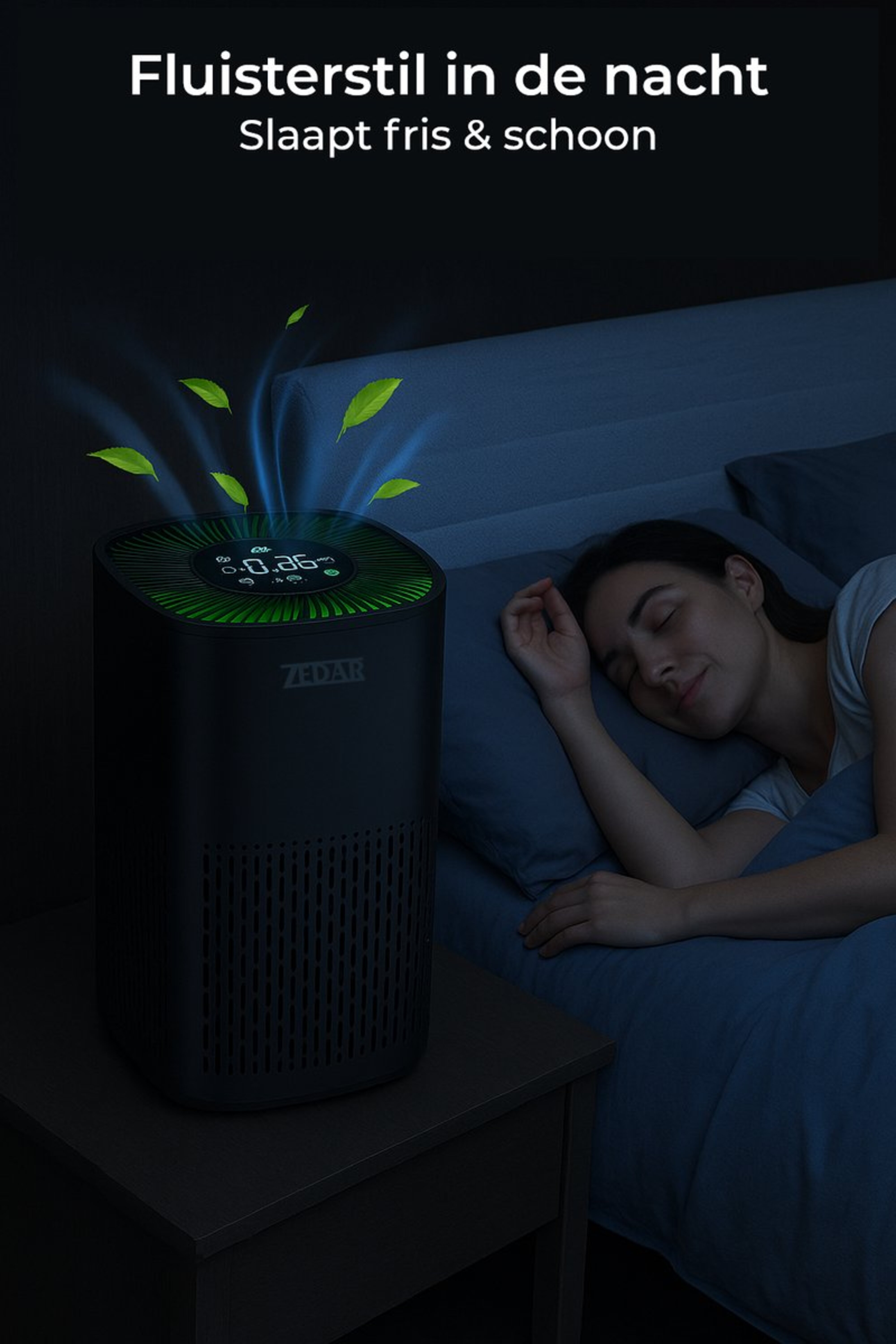 A Zedair air purifier stands next to a hand holding a smartphone displaying the purifier's app.