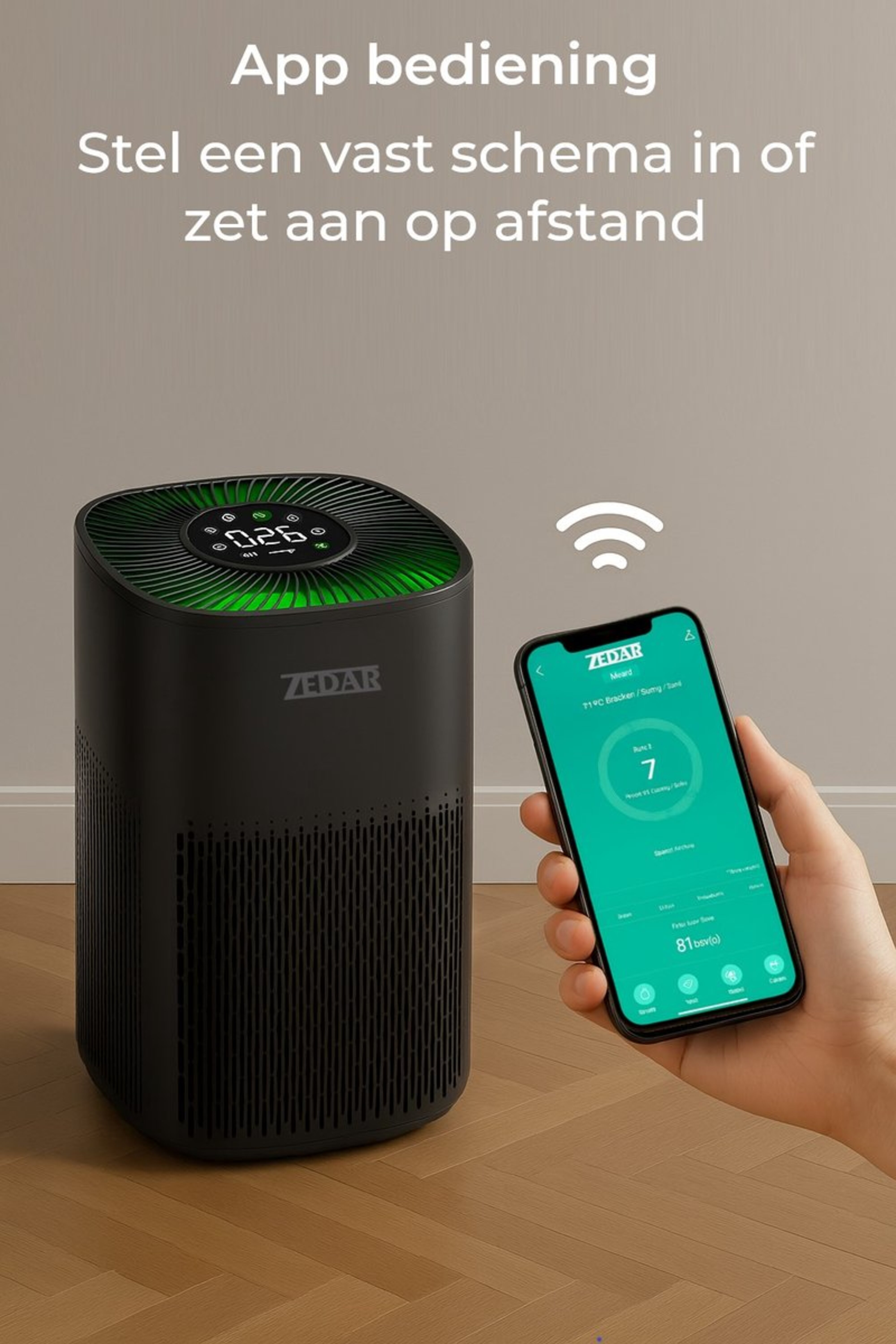 A black Zedair air purifier stands in a living room with a beige couch and wooden floors near a window.