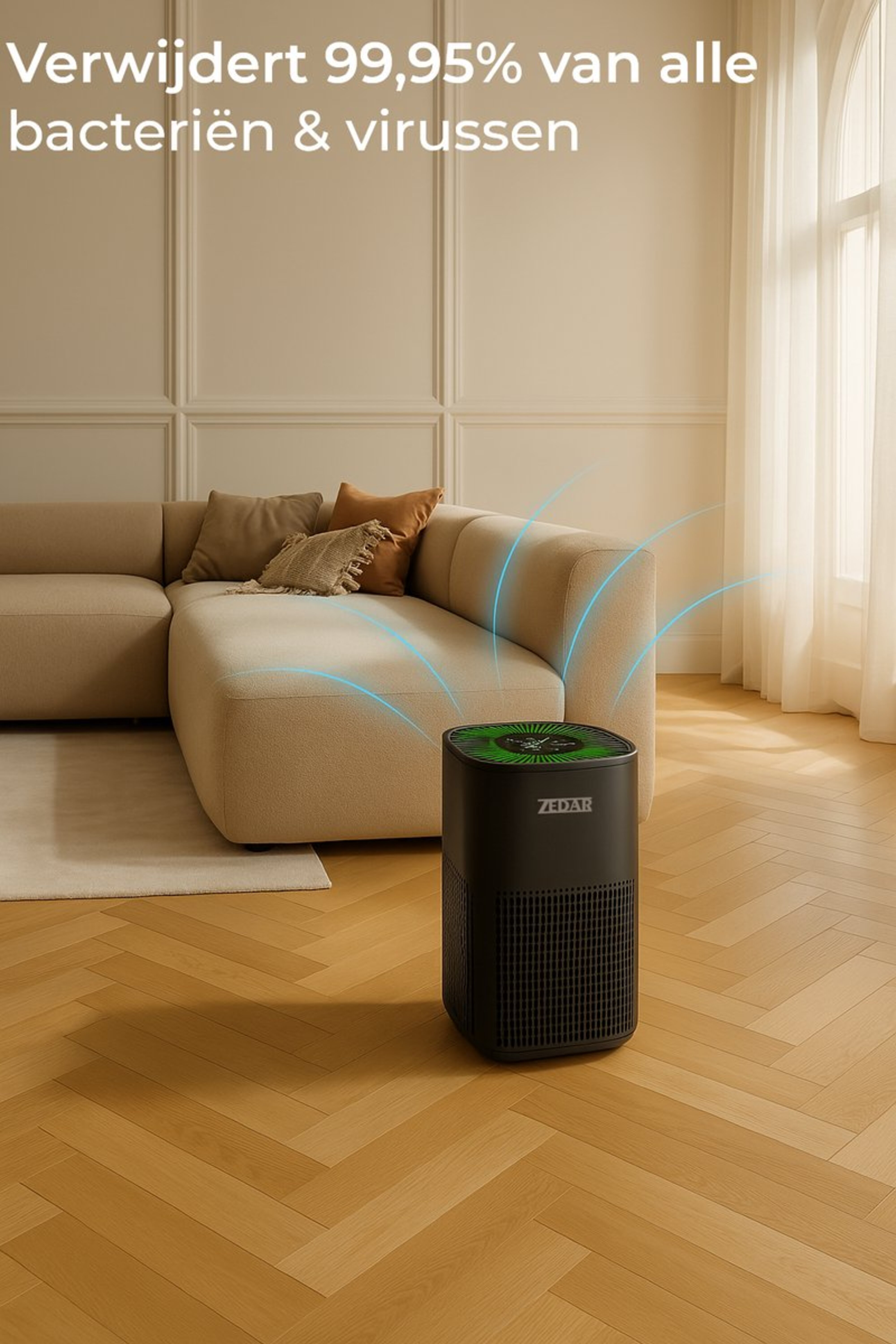 A black Zedair air purifier stands next to a woman and a baby sleeping in a bed. The text describes the sleeping mode.