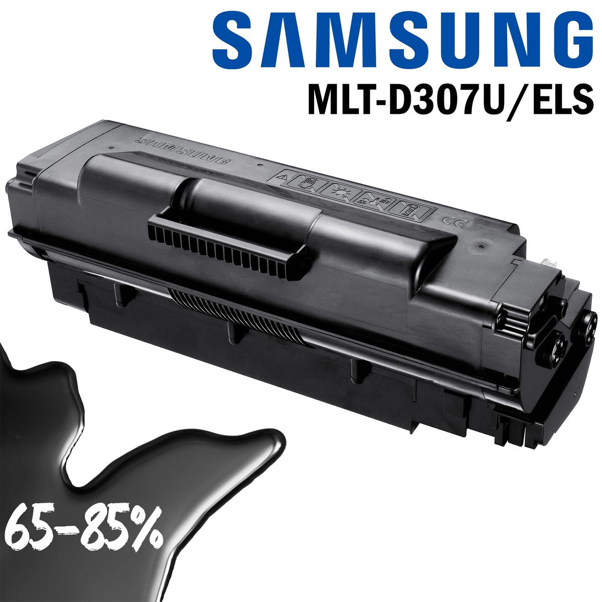 Una cartuccia di toner nera Samsung MLT-D307U/ELS su uno sfondo bianco, con una grafica stilizzata a macchia d'inchiostro.
