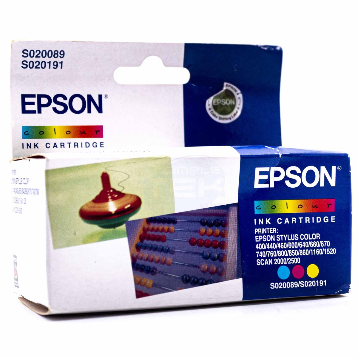 Una scatola di cartucce d'inchiostro a colori Epson con una grafica di una trottola e un abaco, su uno sfondo bianco.