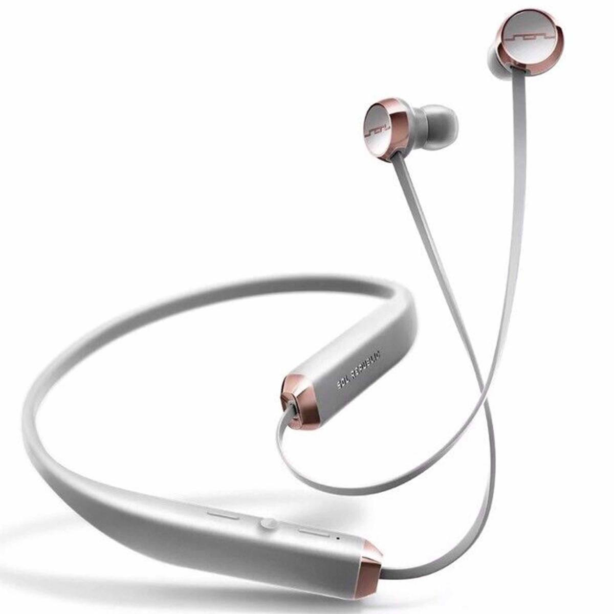 L'immagine mostra cuffie wireless bianche con dettagli in oro rosa, caratterizzate da uno stile a archetto e un design in-ear.