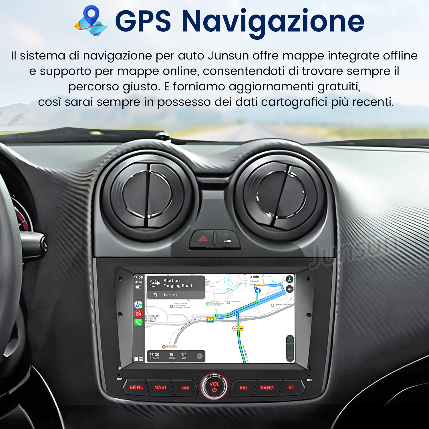 Sistema di navigazione per auto che visualizza una mappa, circondato da elementi del cruscotto in una vista parziale.