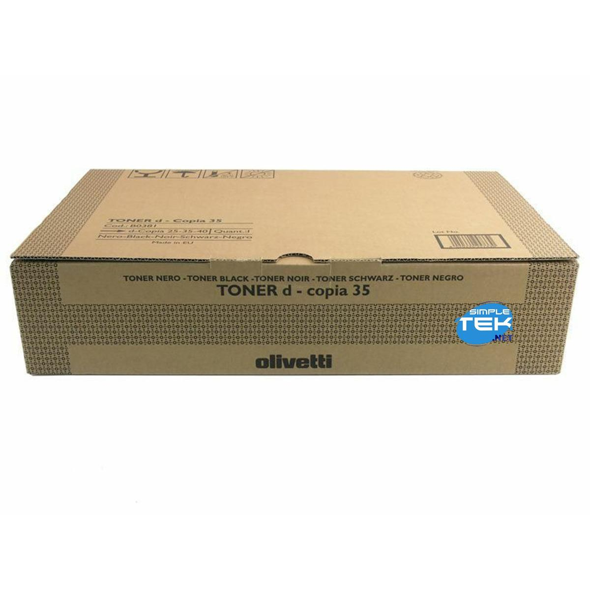 Una scatola di toner Olivetti marrone con testo nero e un logo Simple Tek, su una superficie bianca.