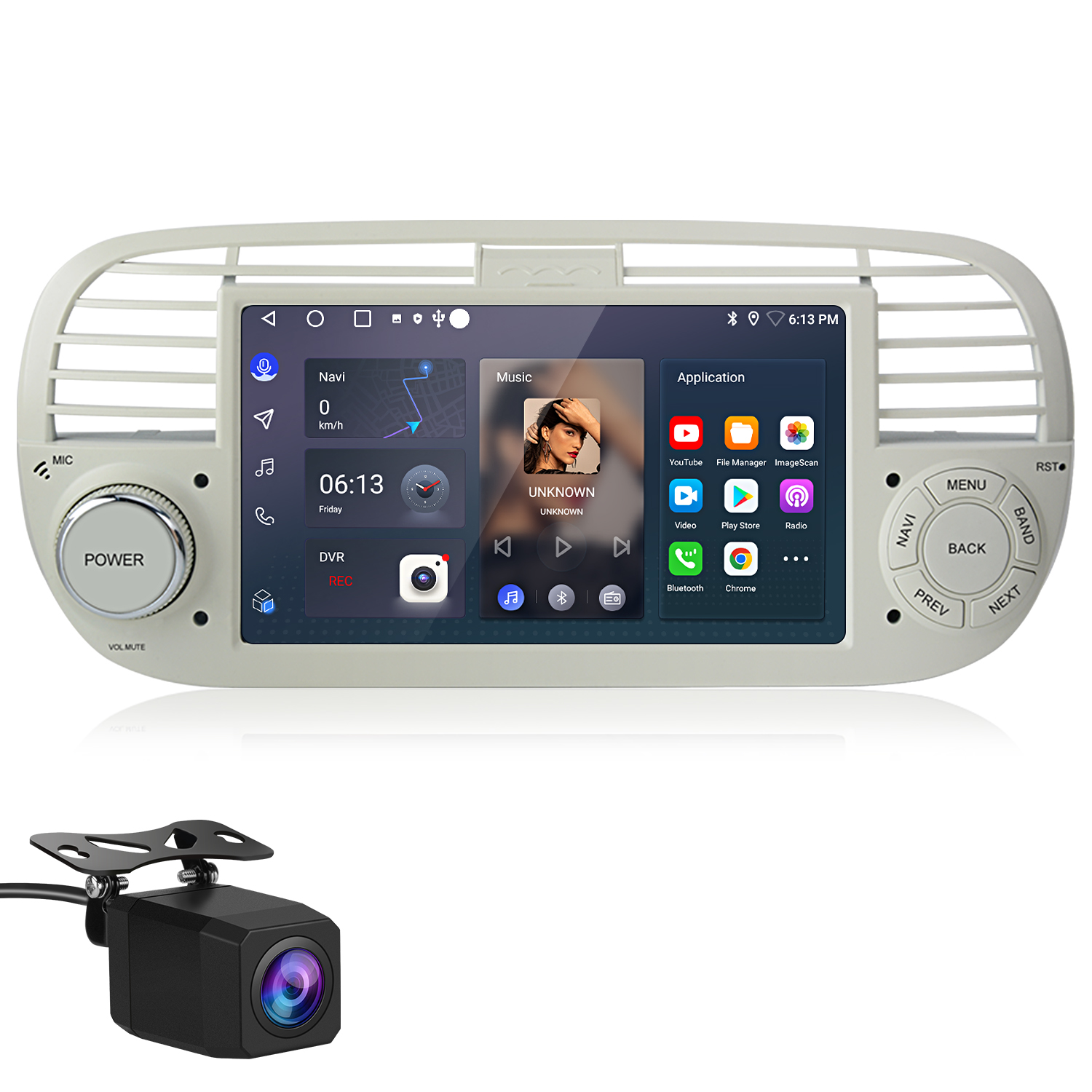 Autoradio con fotocamera, che mostra icone di navigazione, musica e app su uno sfondo bianco.
